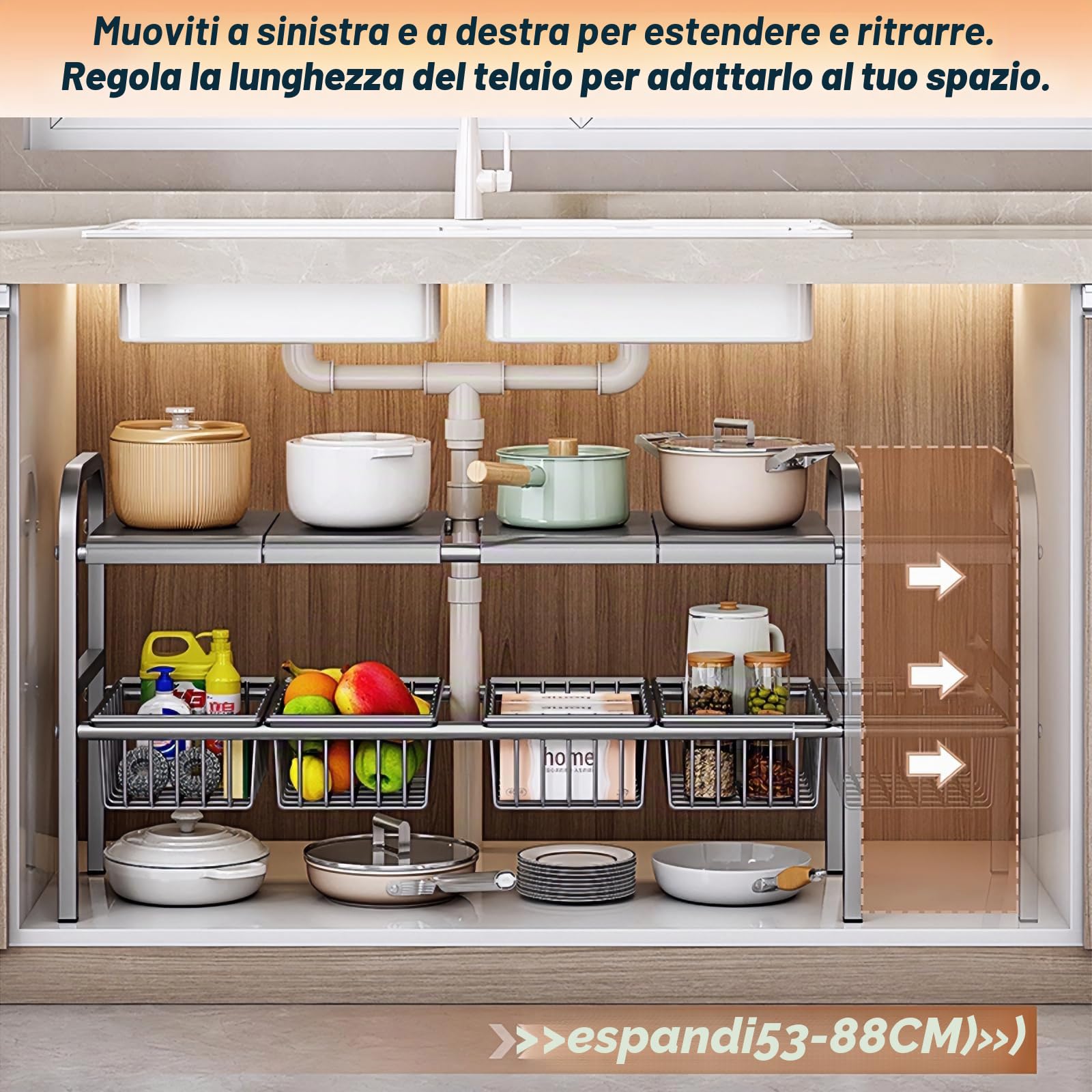 ViWaVee Organizer Sottolavello Cucina, Organizer a 2 Livelli Con 4 Cestelli Estraibili e 4 Pannelli, Scaffale Sotto Lavabo Per Cucina, Organizzatori Bagno(Nero, 53 cm - 83 cm)