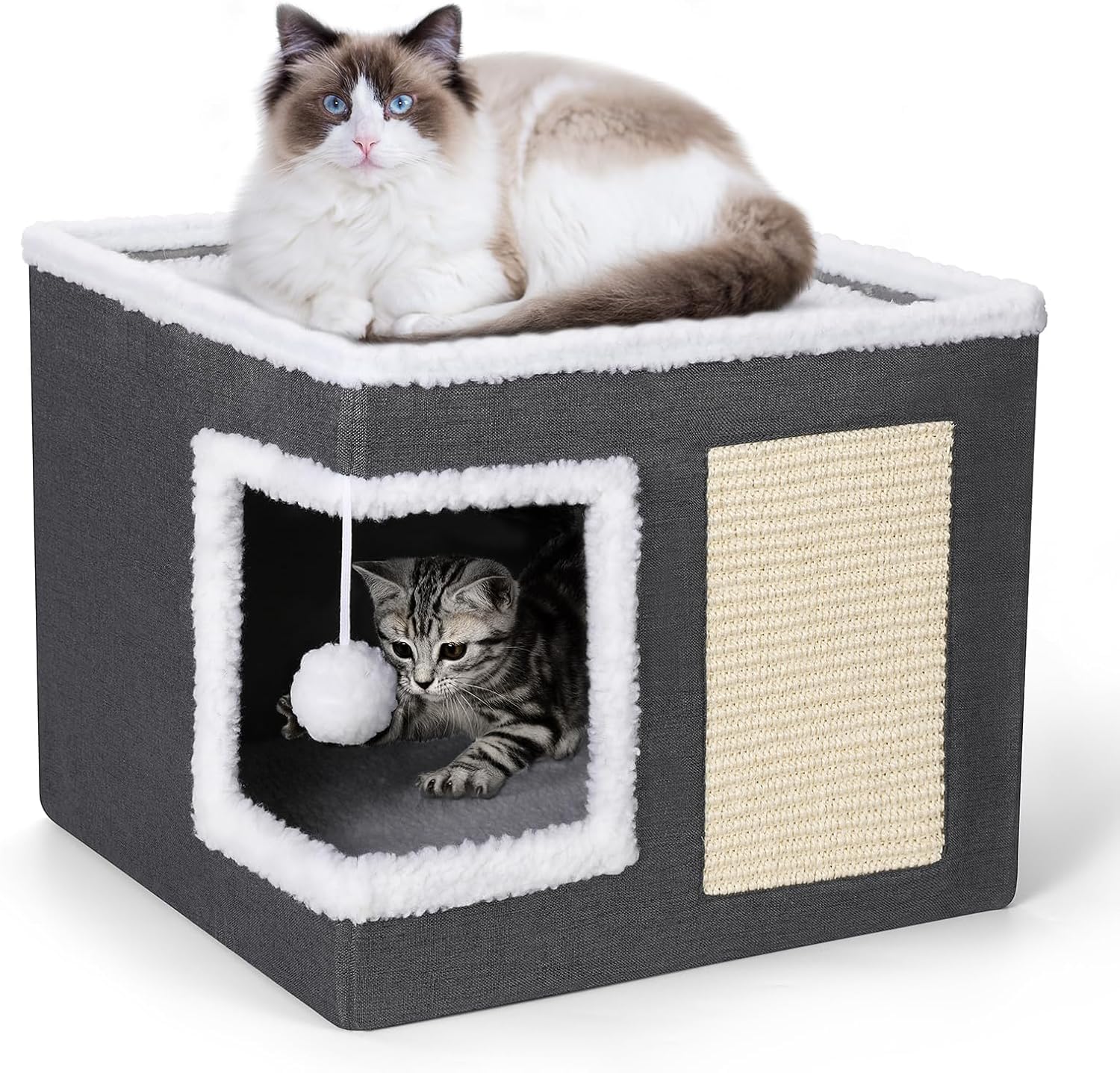 Uniface Cat Bed for Indoor Cats, Large Cat Beds & Furniture with Scratch Pad, Foldable Cat House, Cat Cubes Cave, Cat Hideaway, Modern Cat Condo for Cats(Grey)