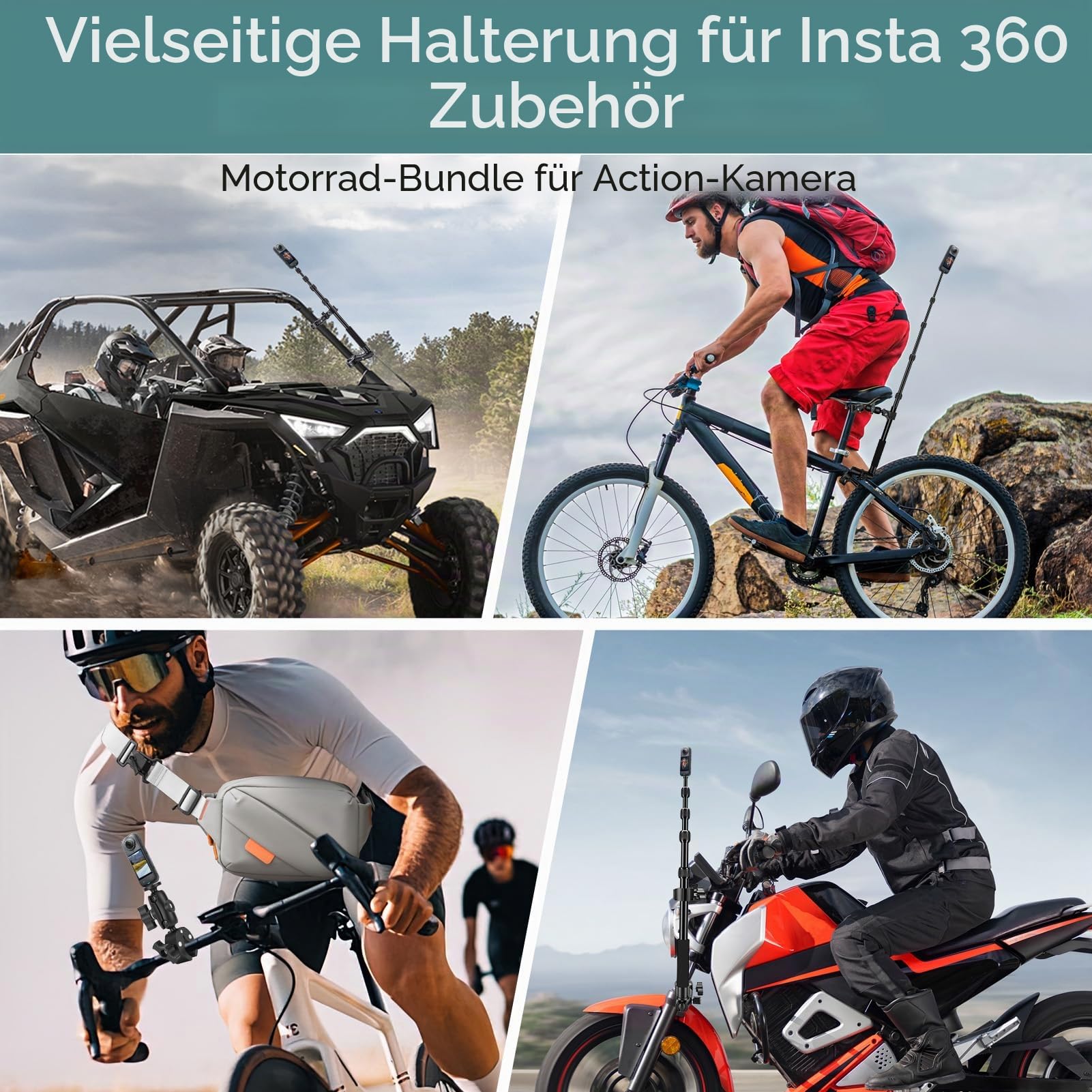 Motorrad Halterung Set, Unsichtbarem Lenker Action Kamera Halterung mit Verstellbare 150cm Selfie Stick und Doppelklemme, 360 Grad Drehung Fahrradlenker Montageset für Insta 360 X4 X5 X3