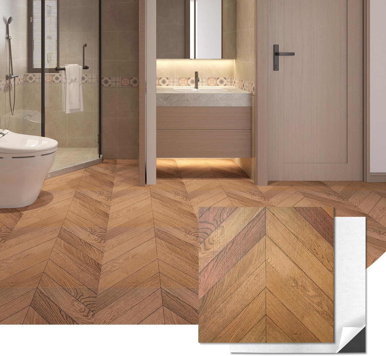 Art3d 30-Pack Herringbone Peel and Stick Vinyl Floor Tiles, 12" x 12" Self Adhesive Waterproof Wood Flooring Plank for Kitchen Bathroom Bedroom, Cover 30 Sq. Ft, Brown