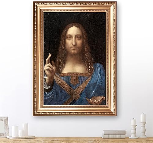 Salvator Mundi de Leonardo Da Vinci Tamaño enmarcado 36 x 26 pulgadas, tamaño de la imagen 20 x 30 pulgadas, marco dorado, reproducciones de arte