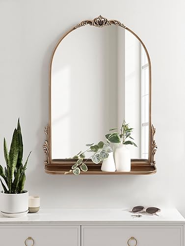Miniatura 4 de Kate and Laurel Myrcelle - Espejo arqueado tradicional con estante, 21 x 28 pulgadas, oro antiguo, espejo de estante de arco vintage con detalles de