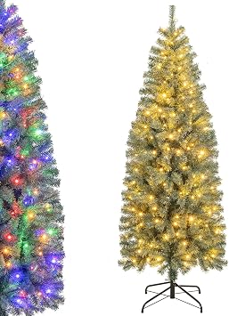 DORTALA Pre-Lit Pencil Christmas Tree 6.5 FT, Artificial Hinged Slim Xmas Tree with 200 Warm White & Multicolored LED Lights, 9 Lighting Modes, 556 Teal Blue Branch Tips for Home Office