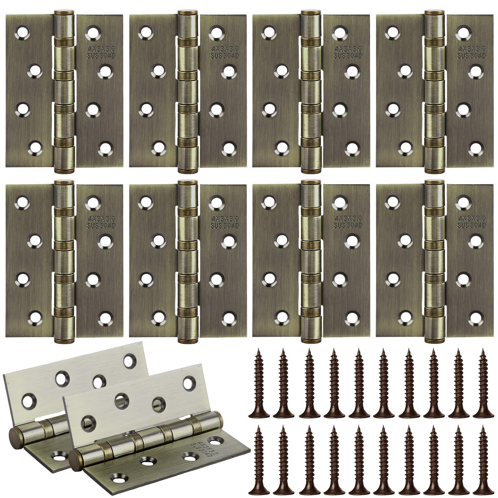 8 Pack Heavy Duty Door Hinges 4 Inch, 100mm Brass Hinges Internal Door Hinges, Stainless Steel Ball Bearing Hinge, Butt Hinge for Wooden Doors