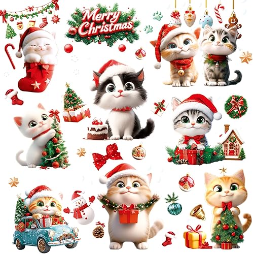 Calcomanías de gato para ventana de Navidad, 9 hojas de decoración de Navidad, campanas de árbol de gato, calcomanías para fiestas de vacaciones