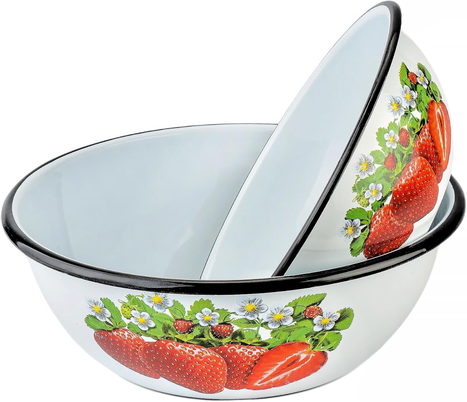 STP GOODS Enamel Bowl Set of 2, Enamel Serving Bowl, Enameled Steel Mixing Bowl for Cooking Prepping, Vintage Salad Bowl (Strawberry 2.7 Qt (2.5 L), 4.2 Qt (4 L))