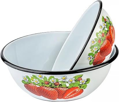 STP GOODS Enamel Bowl Set of 2, Enamel Serving Bowl, Enameled Steel Mixing Bowl for Cooking Prepping, Vintage Salad Bowl Strawberry 2.7 Qt 2.5 L, 4.2 Qt 4 L