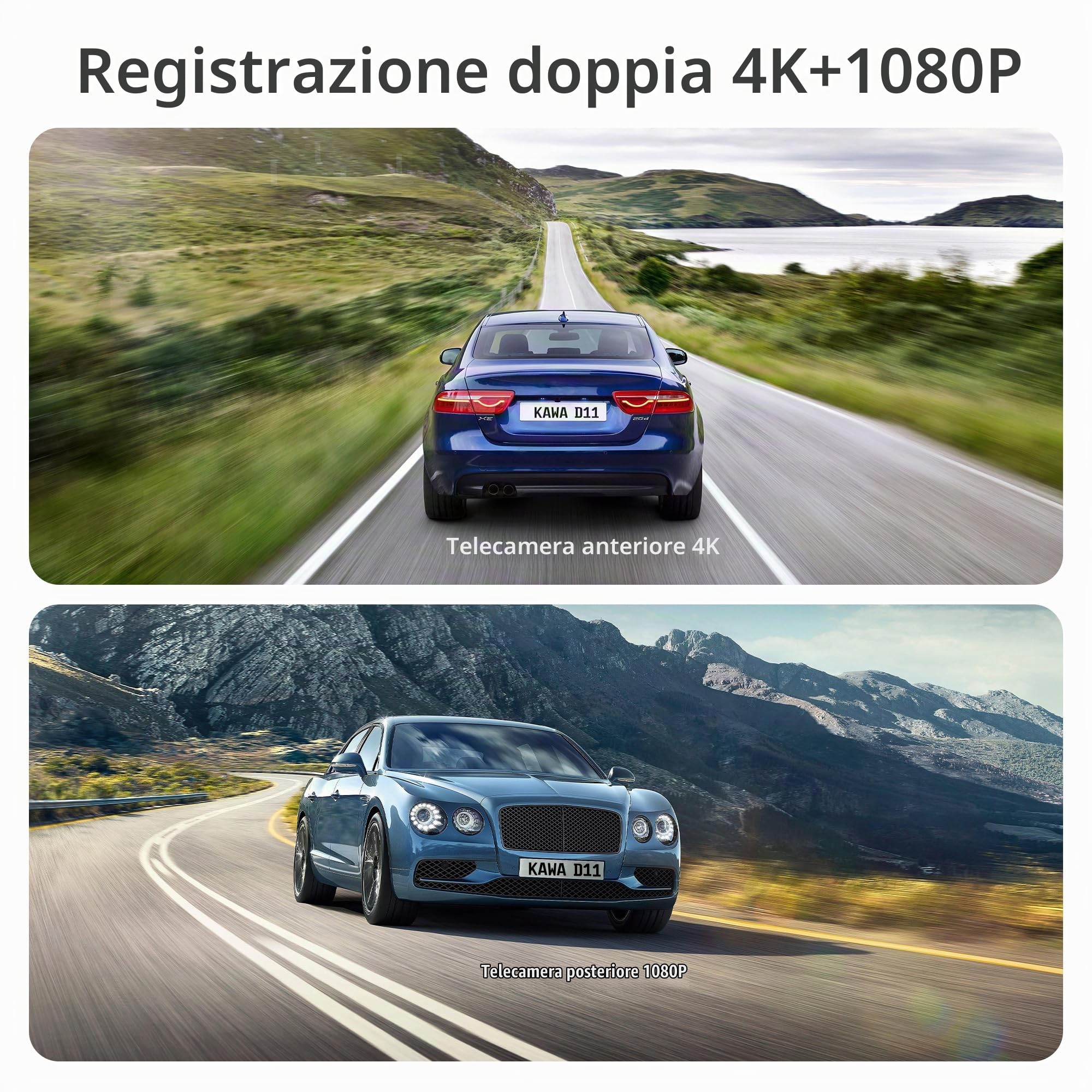 Dash Cam Auto 4K Anteriore e Posteriore, Visione Notturna True Color, Schermo IPS 3,16”, WiFi GPS Integrato, Monitoraggio Parcheggio 24H, Rilevamento AI, Pre-Registrazione, Registrazione in Loop, D11
