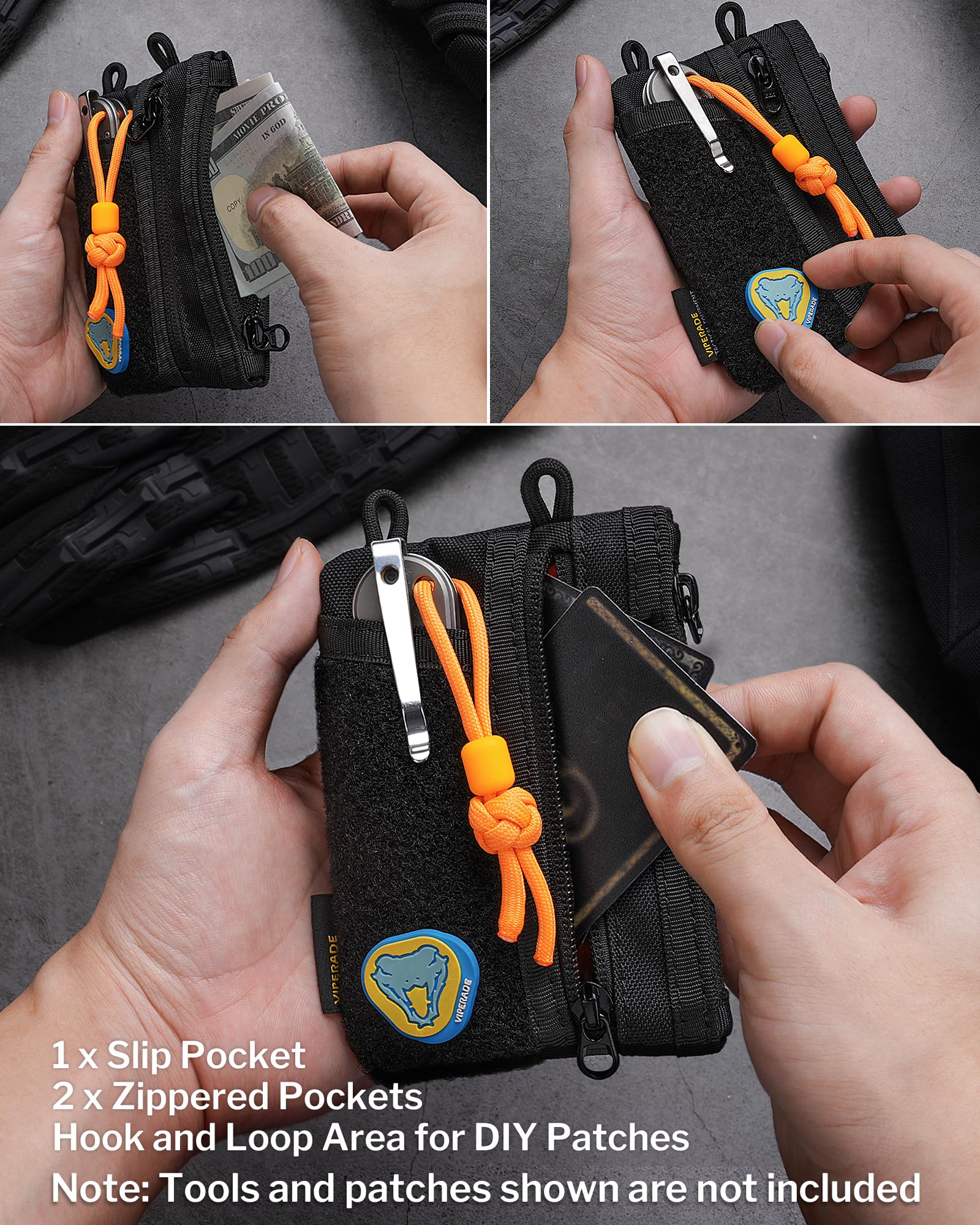 VIPERADE VE18-M EDC - Bolsa de bolsillo, organizador delgado EDC con 3 ranuras EDC + 2 bolsillos con cremallera, 1 bolsillo grande para cuaderno o teléfono celular, bolsa EDC para hombre