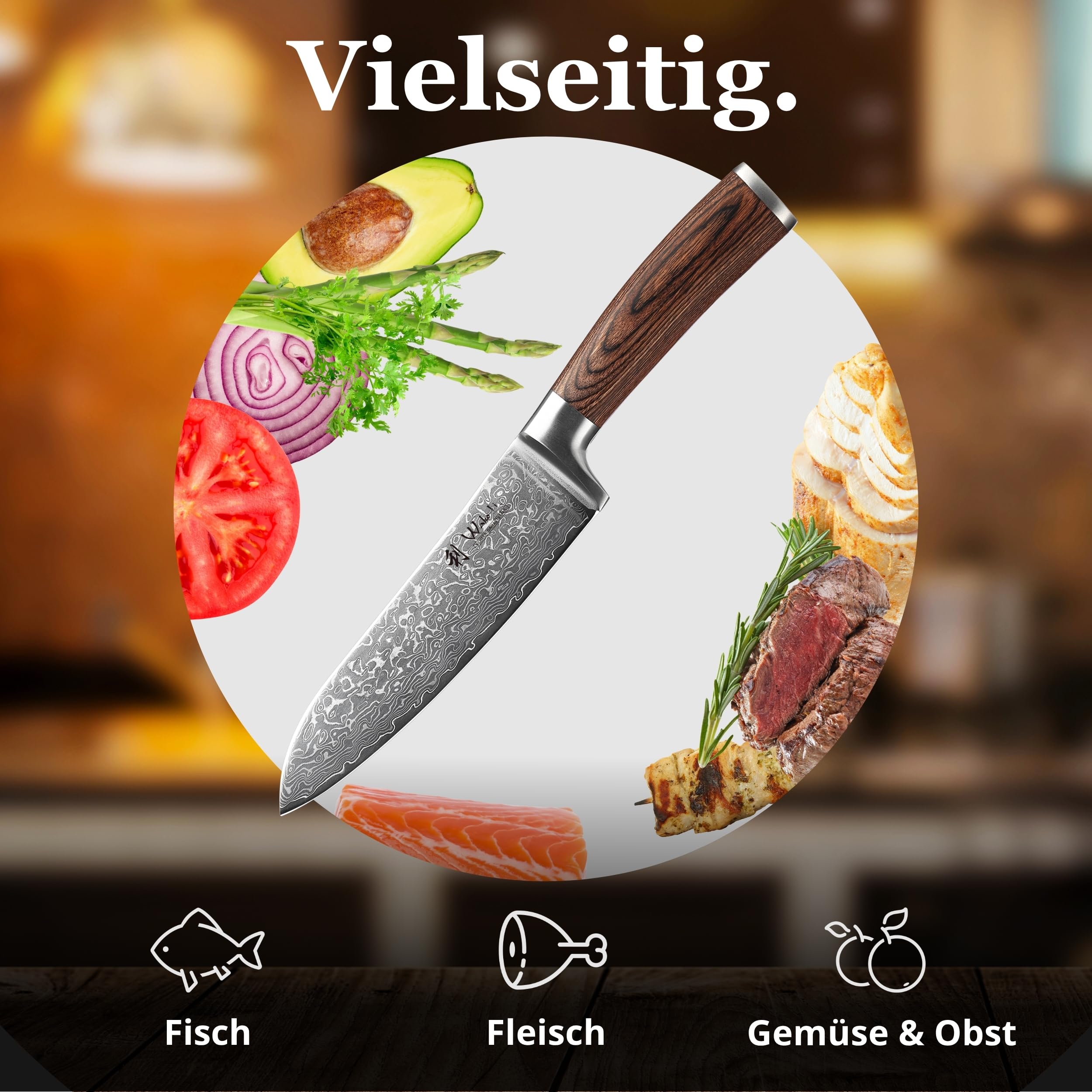 Wakoli EDIB Sakura Santoku Messer 17 cm aus 67 Lagen Damaststahl mit VG10 Kern – Scharfes Damast Kochmesser mit ergonomischem Pakkaholzgriff – Küchenmesser für Fleisch, Fisch & Gemüse in Geschenkbox