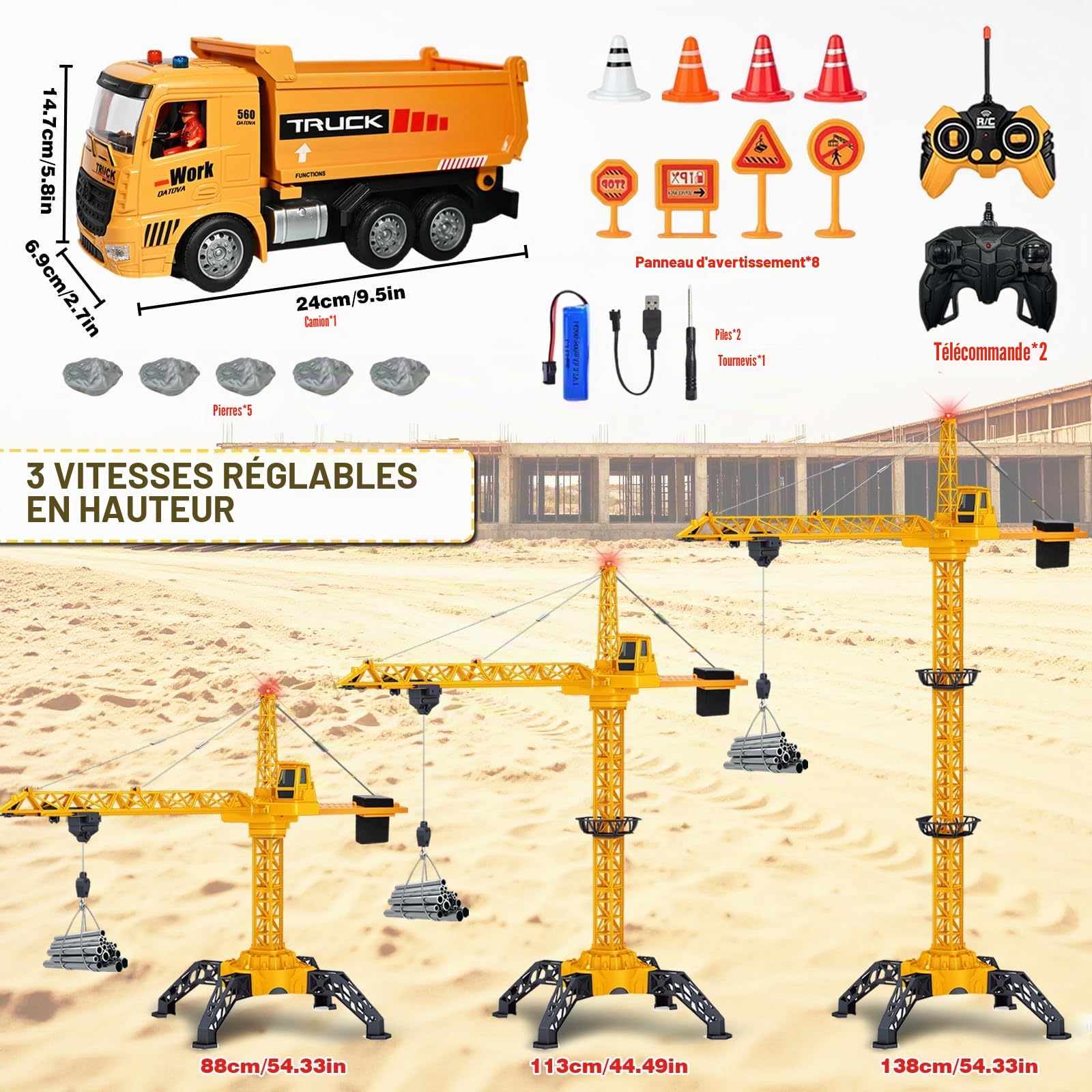 HILKKET Grue à Tour Télécommandée 138 cm, 2,4 GHz RC Grue à Tour Enfant, Gru Crane De Chantier, 680 Degrés de Rotation Gru de Chantier Enfant avec Camion à Benne basculante RC pour Les Garçon