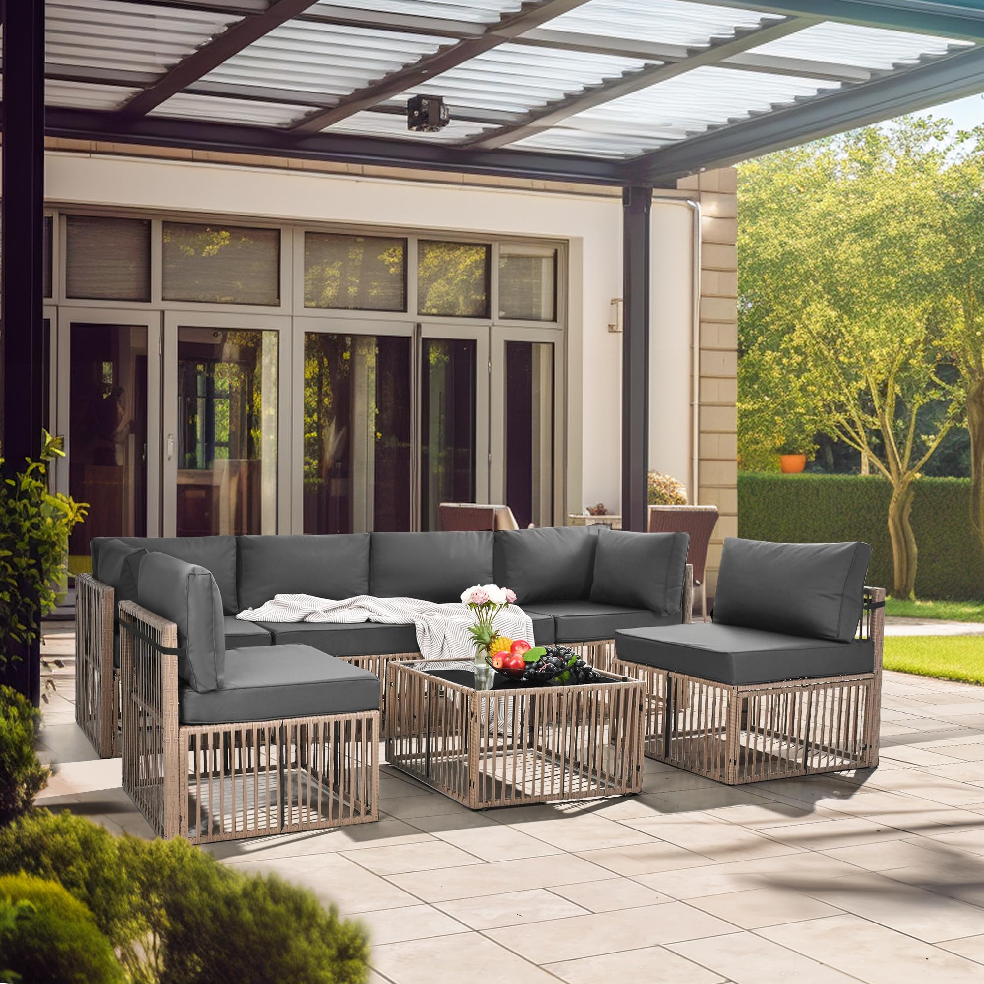 Photo 1 of ***DAMAGED -SELLING AS IS *** Pamapic Pieces Outdoor Sectional Set, All-Weather PE Rattan Patio Conversation Set, Wicker Adjustable Patio Furniture Set with Washable Cushions Covers and Coffee Table, Brown Rattan, Gray Cushion ***USED -CUSHIONS DUST/DIR