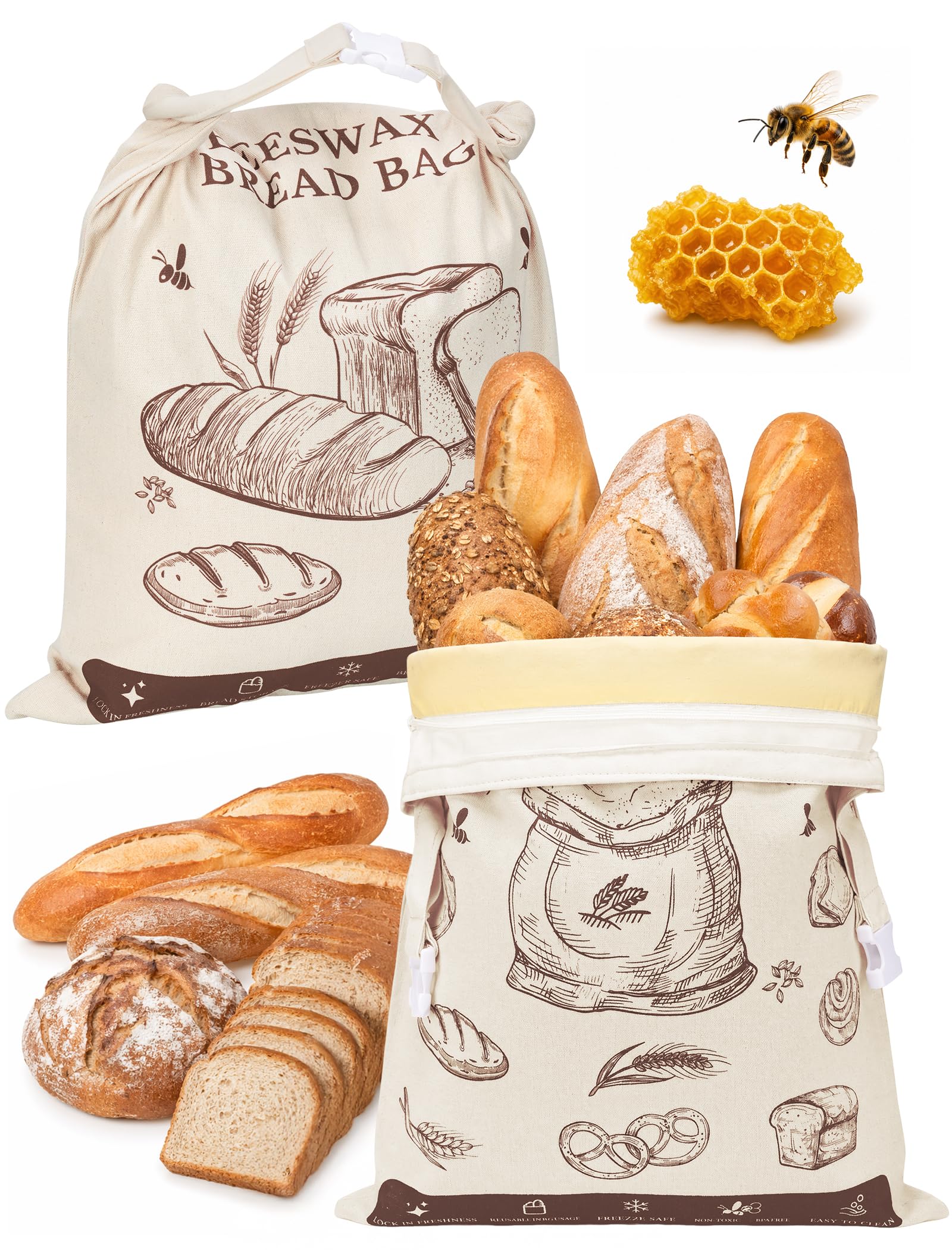 NiHome 2 Pack Beeswax-Lined Cotton Bread Bags, 43 x 32 cm