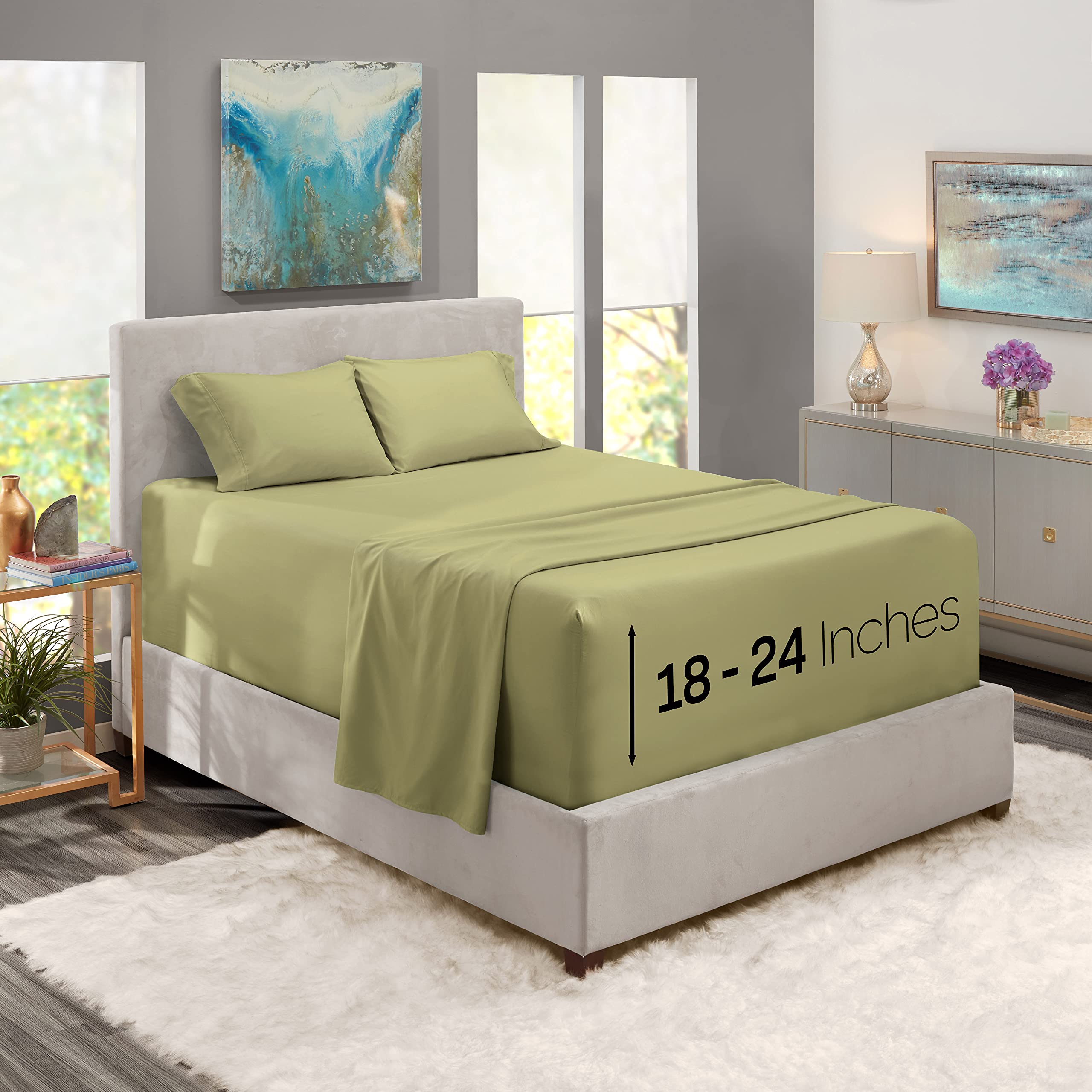Nestl Extra Deep Pocket Sheets - Fits Mattress 18-24 Inches Deep, Extra Deep Pocket King Size Sheets Sets, 4 Piece King Size Sheets, King Sheets Deep Pocket, Sage Olive Green Sheets — image 1