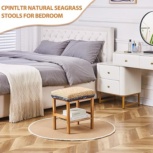 Miniatura 6 de Cpintltr Puf otomano tejido a mano de hierba marina azul, 16 x 13 x 17.5 pulgadas