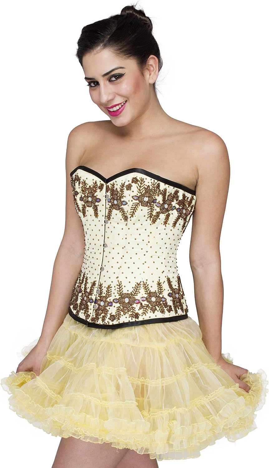 Brown Sequin Yellow Satin Costume Plus Size Overbust Corset Waist Training Top