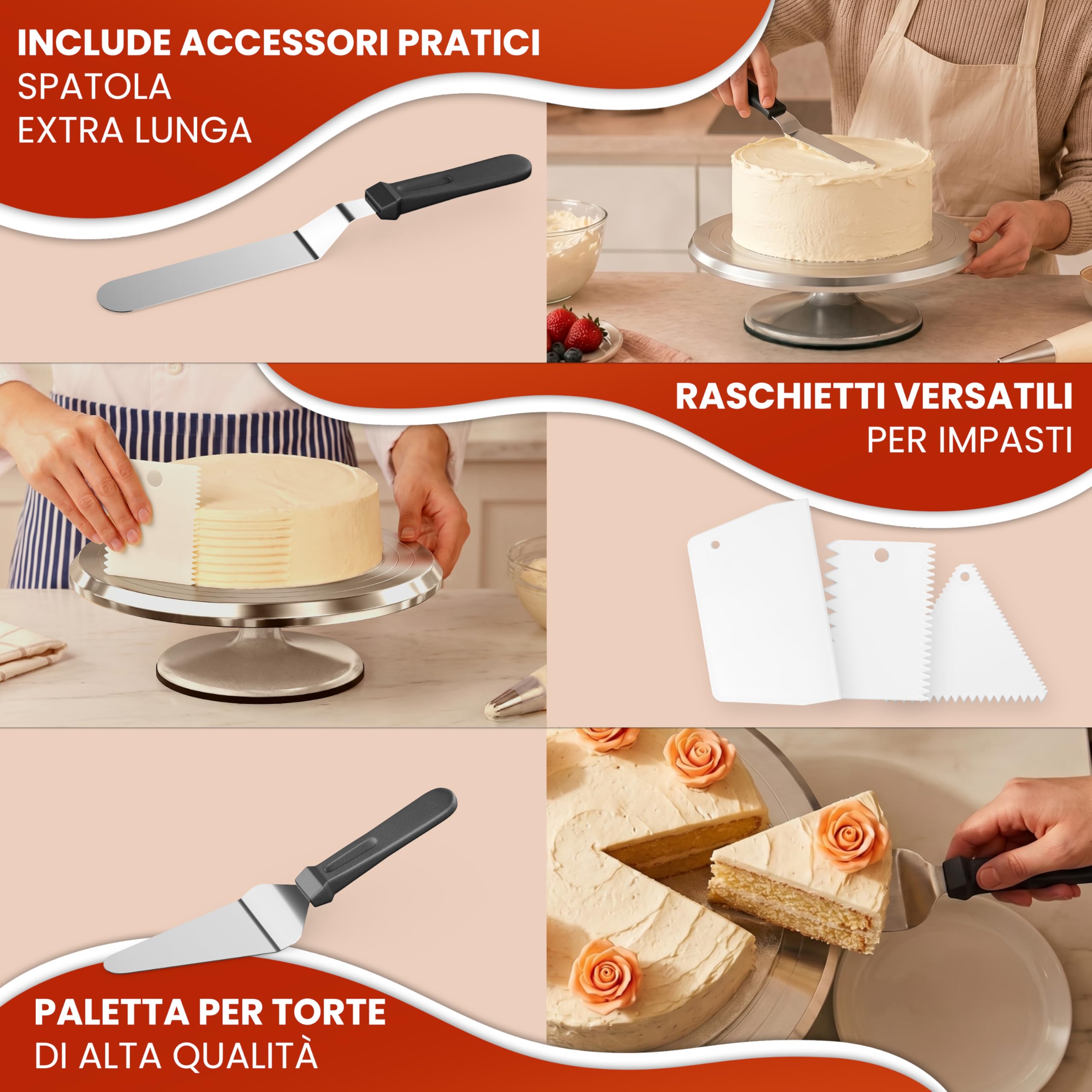Piatto girevole per torte Set – Giratorta Professionale da 30 cm in alluminio con base antiscivolo incl. 2 palette angolari e 3 spatole da pasticceria in acciaio inossidabile