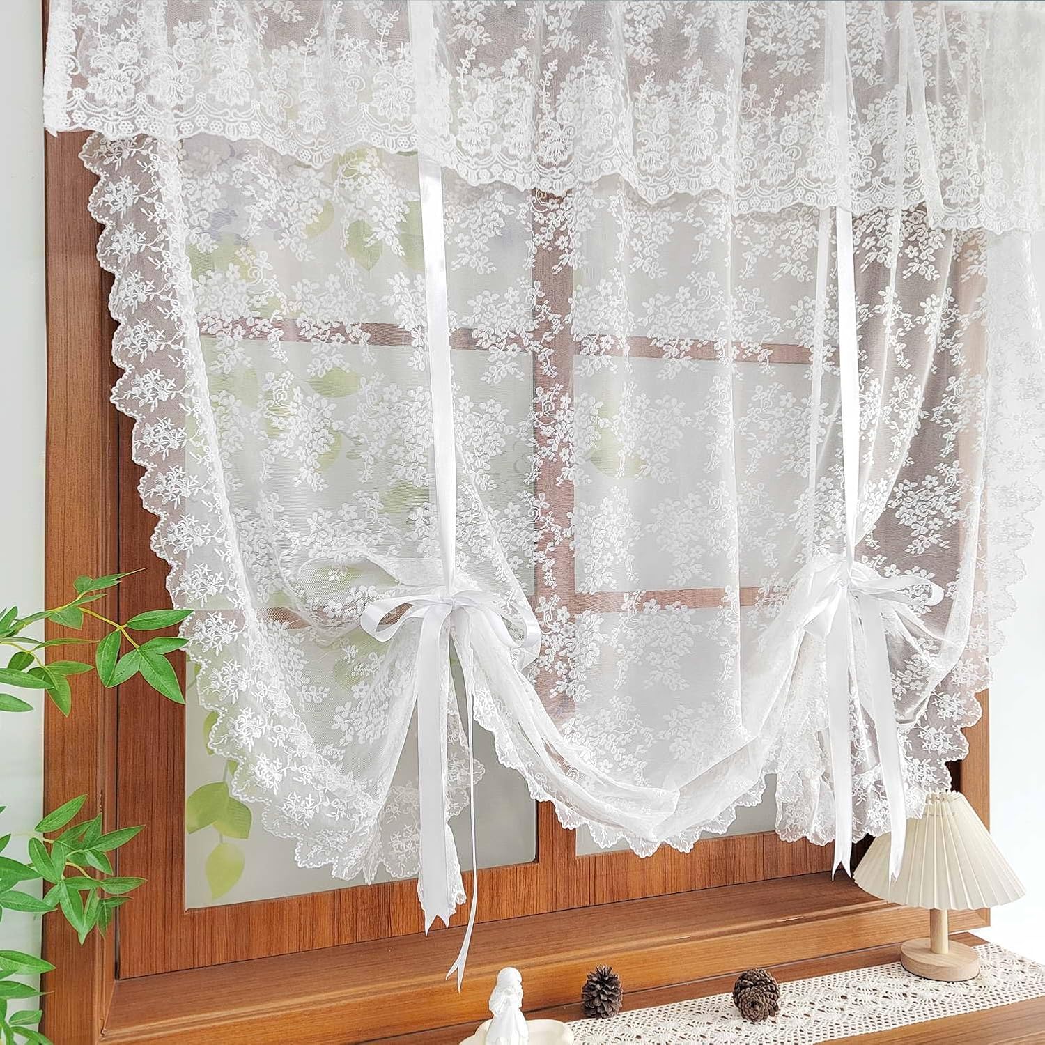 1 Panel Elegant White Lace Sheer Tie Up Curtains for Window Floral Balloon Lace Sheer Valance for Kitchen Embroidered Adjustable Curtain Valance for Cafe Bathroom Rod Pocket (White,W51 L47 inch)