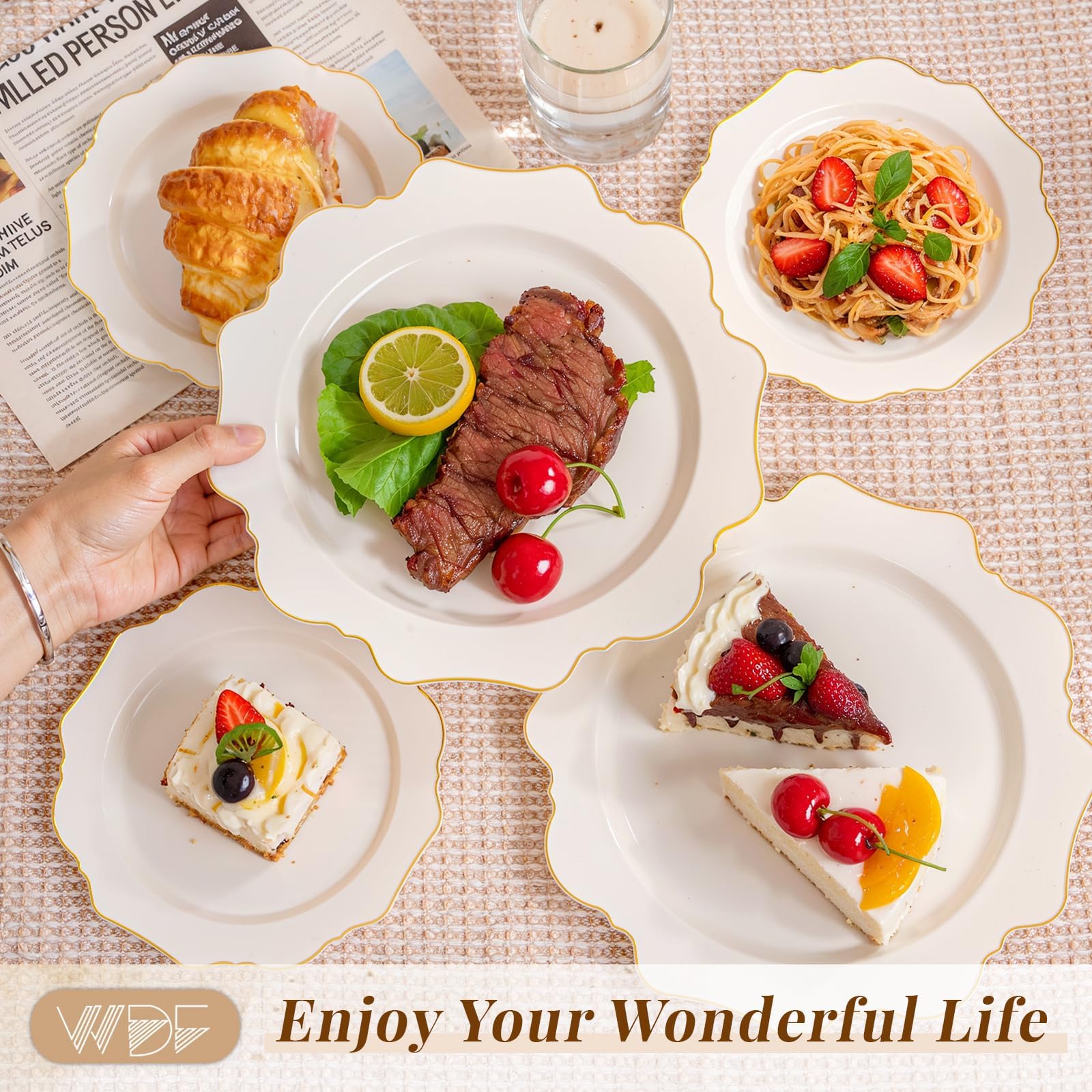 Ivory Gold Rim Plates - 200 Disposable Plates for Parties -5