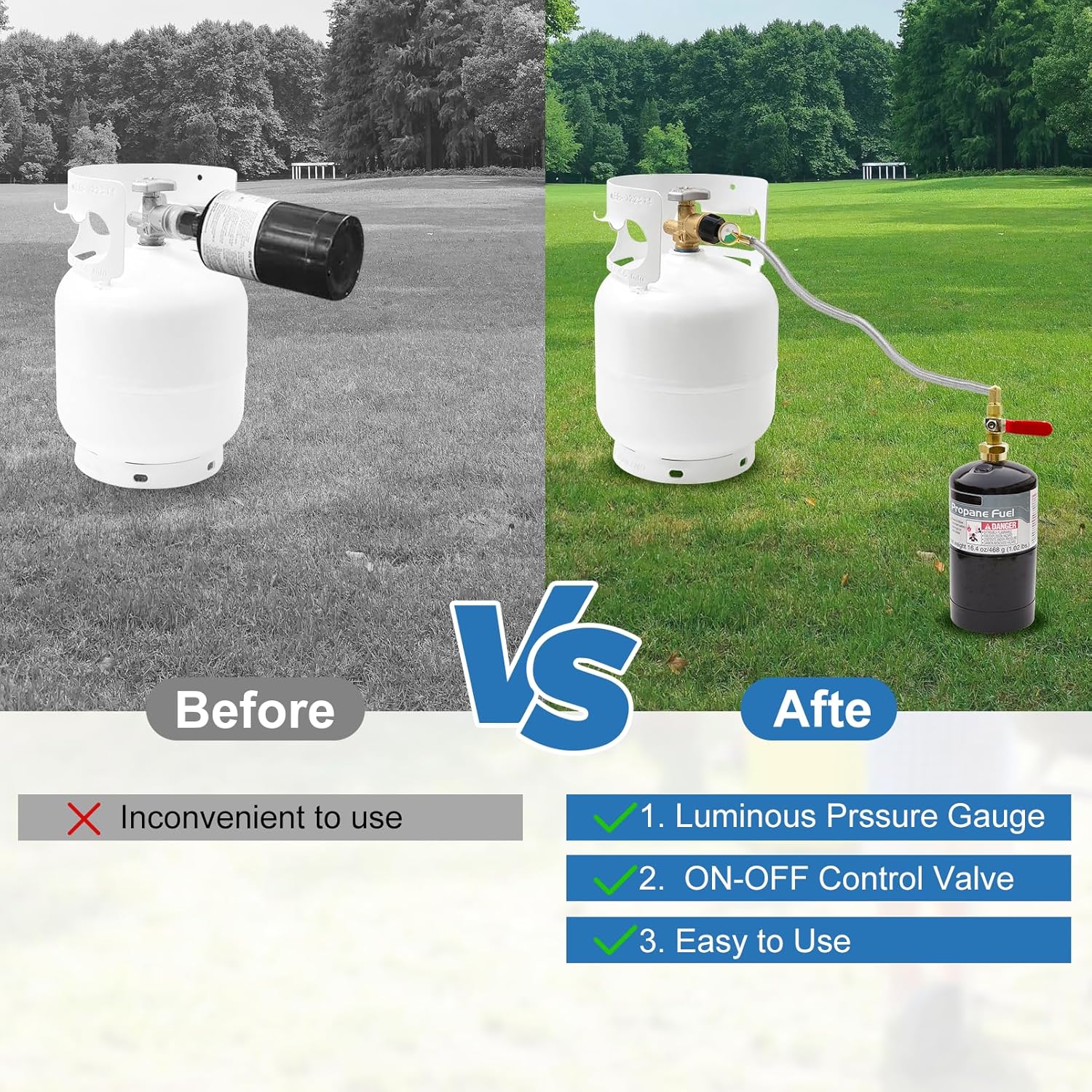 Propane Refill Adapter for 1 lb. Tanks,Upgraded Propane Tank Refill Adapter Hose, 3 FT/36'' Stainless Steel Propane Extension Refill Hose with Gauge and ON/Off Control Valve (QCC1/Type1 Inlet)