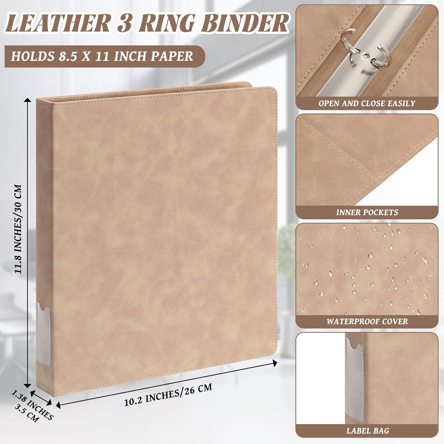 Fulmoon 6 Pcs Leather 3 Ring Binder, 1 Inch Vintage Hardback Round Ring Binder with 2 Inner Pockets & Spine Label Holder, Letter Size Professional Executive Portfolio for Office Home School(Morandi)
