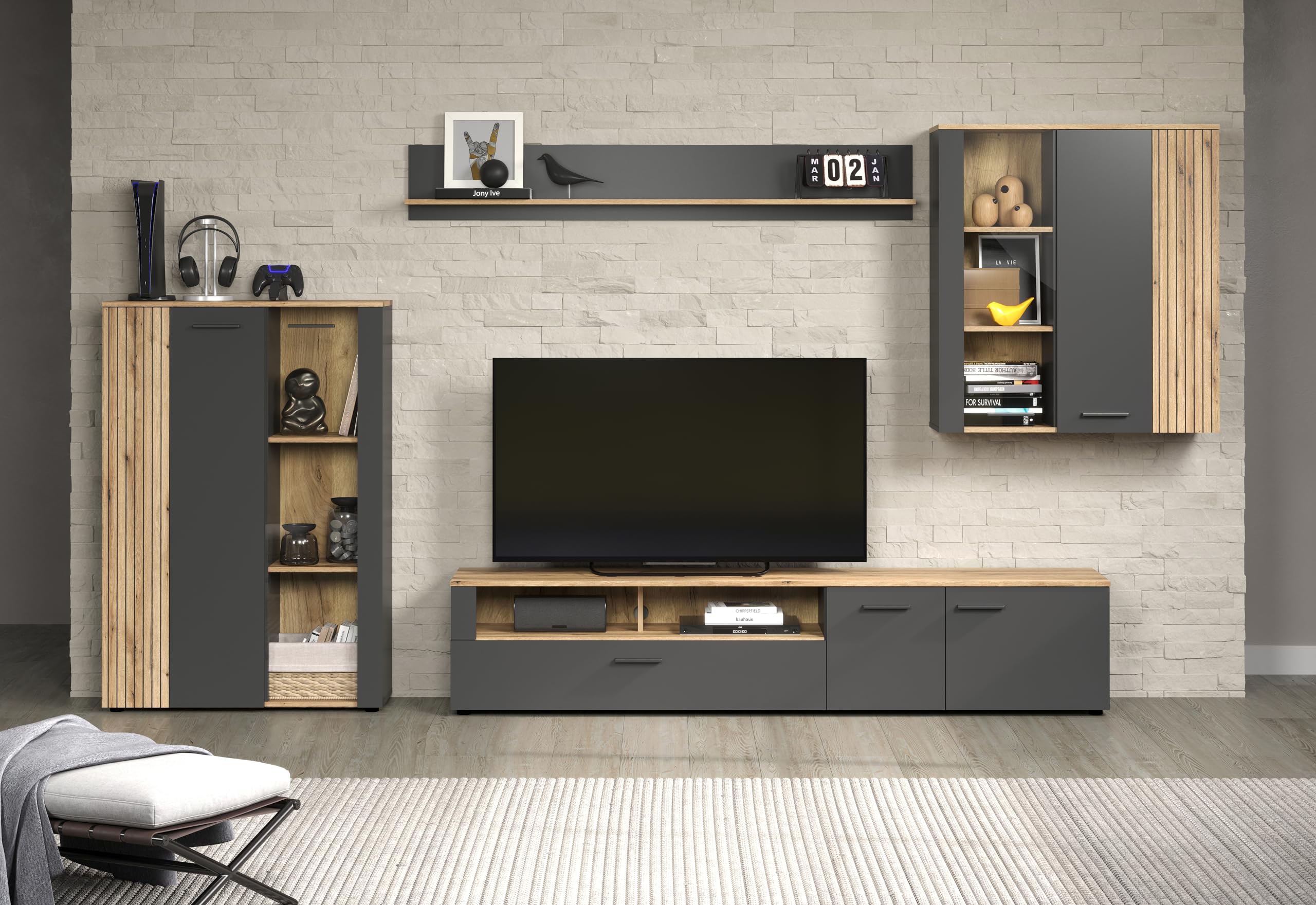 trendteam smart living - Anbauwand Wohnwand - Wohnzimmer - Esteban - Aufbaumaß (BxHxT) 300 x 200 x 41 cm - Farbe Anthrazit mit Coast Evoke Eiche - Rillenoptik - 231296184