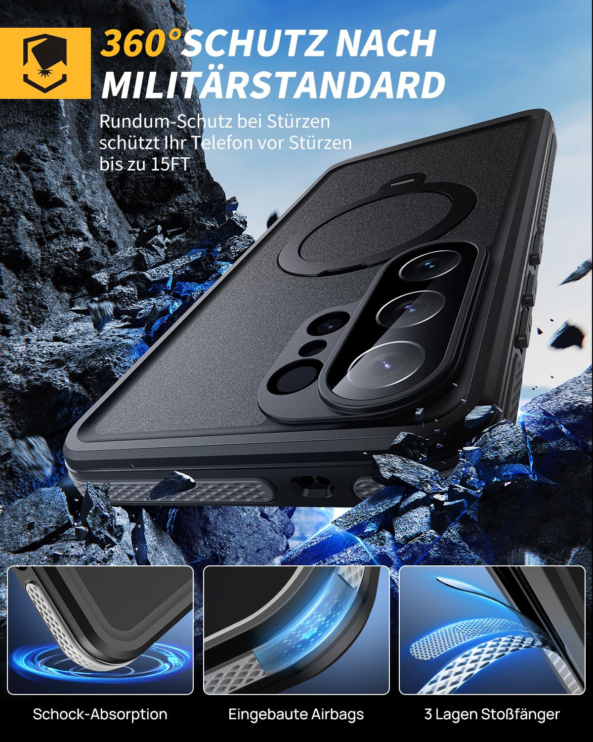 für Samsung Galaxy S26 Ultra 5G Hülle Wasserdicht mit Ringhalterung Ständer, HandyHülle S26 Ultra IP68 wasserdichte 360 Schutzhülle,Stoßfest Outdoor Panzerhülle mit Displayschutz,Schwarz