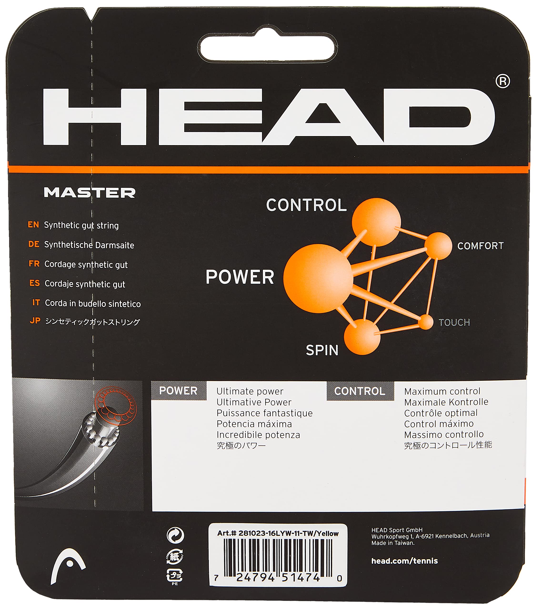 HEAD Master Tennis String | Color: Yellow | Size: 16L | Material: Synthetic | for Men & Women | Highly Durable | Multifilament | Maximum Power and Control | Superior Touch