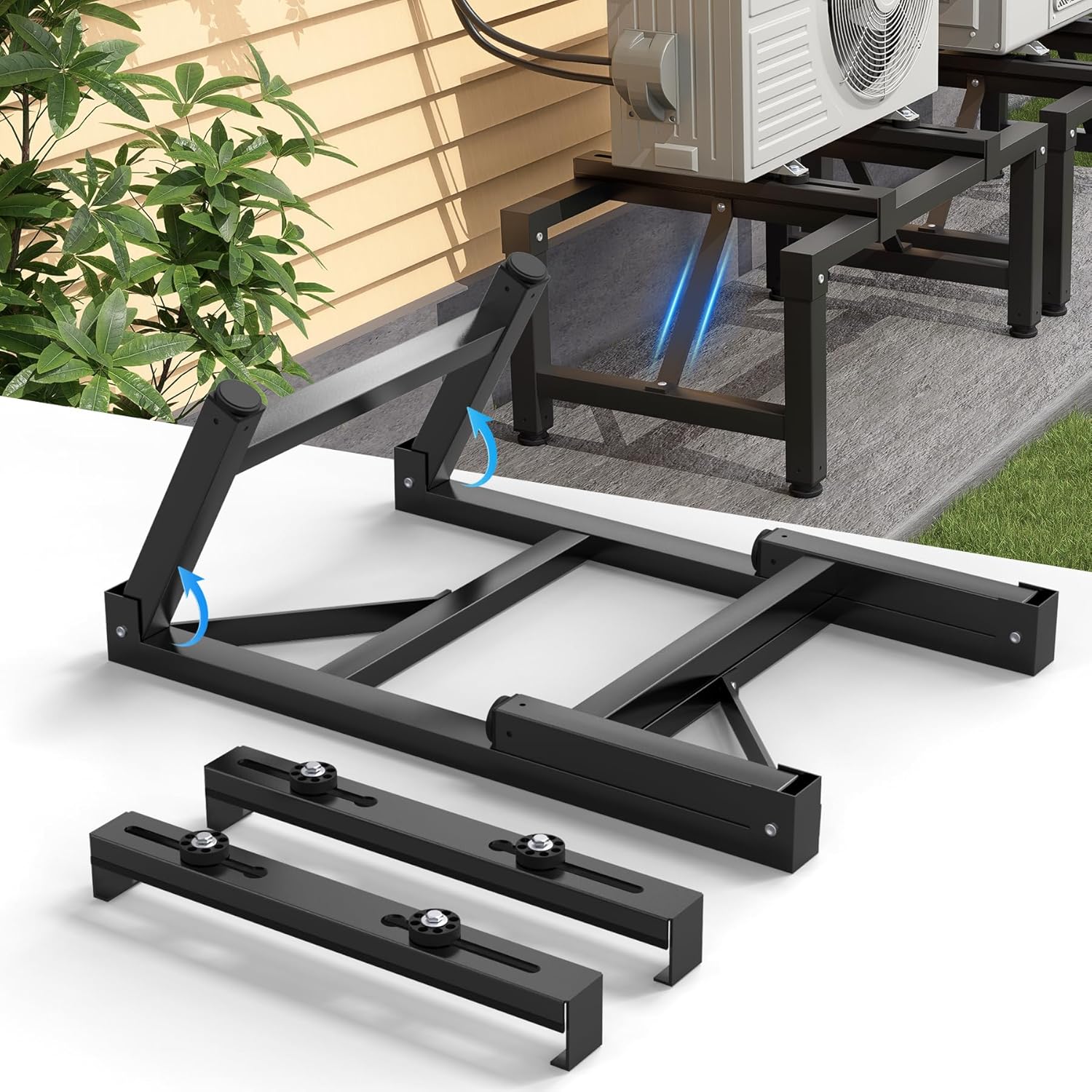 GCGOODS Preassembled Mini-Split Ground Stand, Ground Stand with 2 Support Bars for Mini Split, Ductless Air Conditioner and Heat Pump Systems of 9,000-36,000 BTU, Support up to 400 LBS, Black