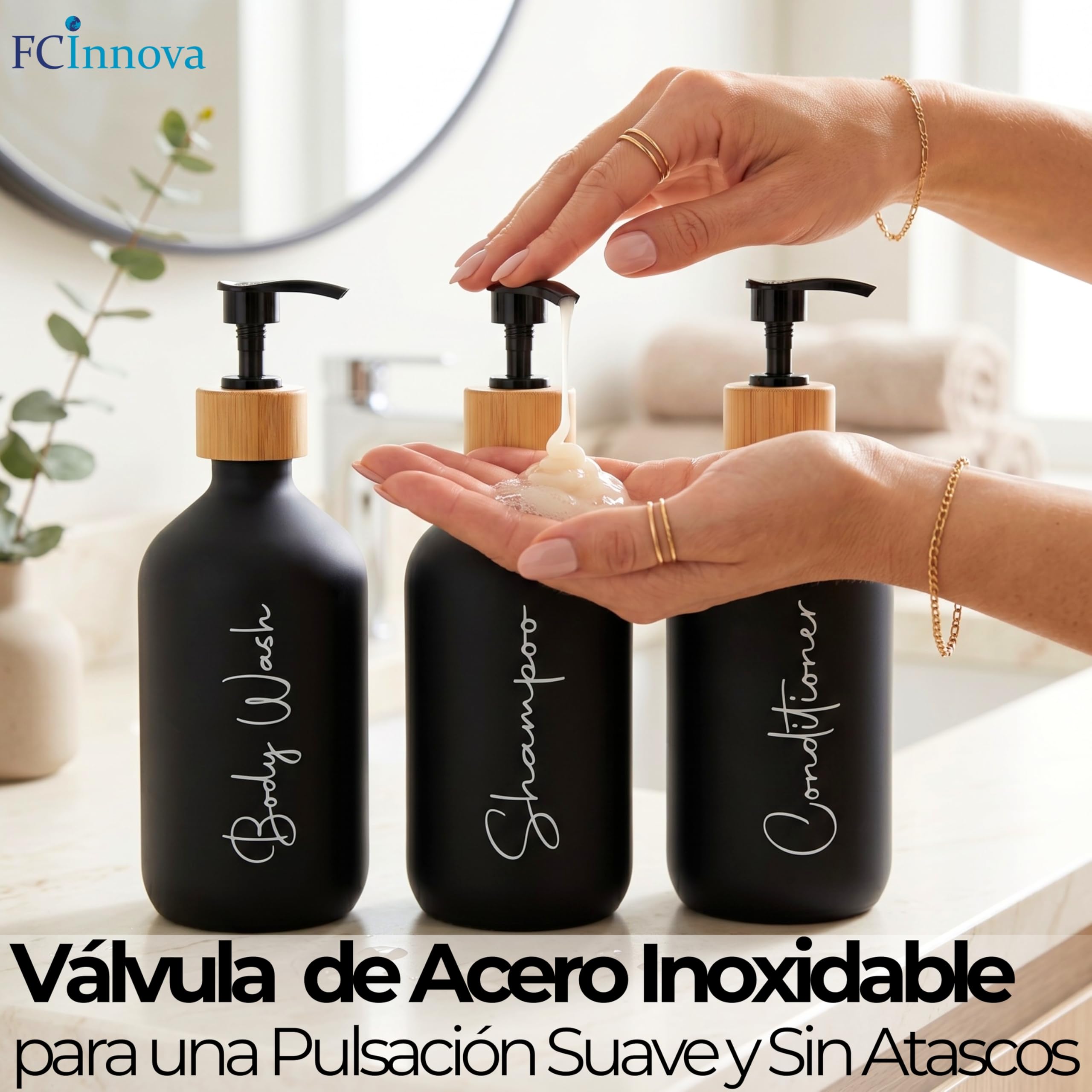 Dispensador Jabon Baño Negro Mate 500ml Set de 3 Botes para Gel y Champu Acondicionador Embudo para Rellenado Este Dosificador Jabon Baño es Elegante practico y mantendra su Ducha ordenada