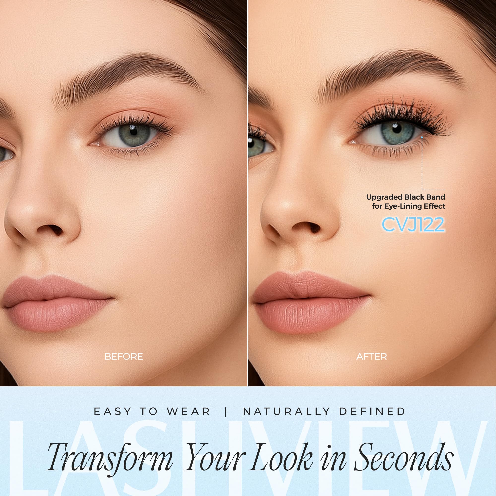 LASHVIEW Self Adhesive Eyelashes 5 Pairs Cat Eye Wispy Self-adhesive False Lashes Reusable Natural Look Press On Lashes No Glue Need Eyelashes with Replacement Adhesive Strips (CV122)