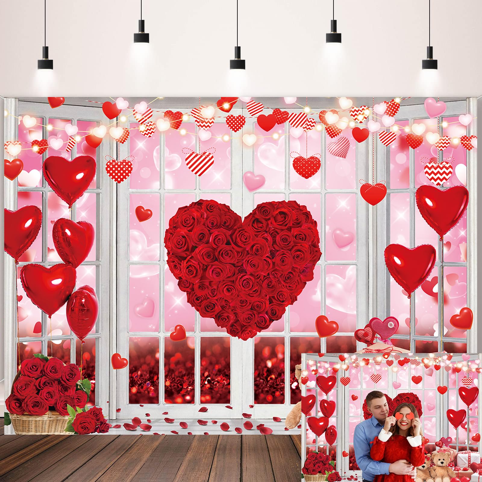 Valentines Day Photography Backdrops Red Rose Love Heart Background Valentines Bridal Shower Birthday Party Galentines Day Decorations Banner (7x5FT（210x150cm）)