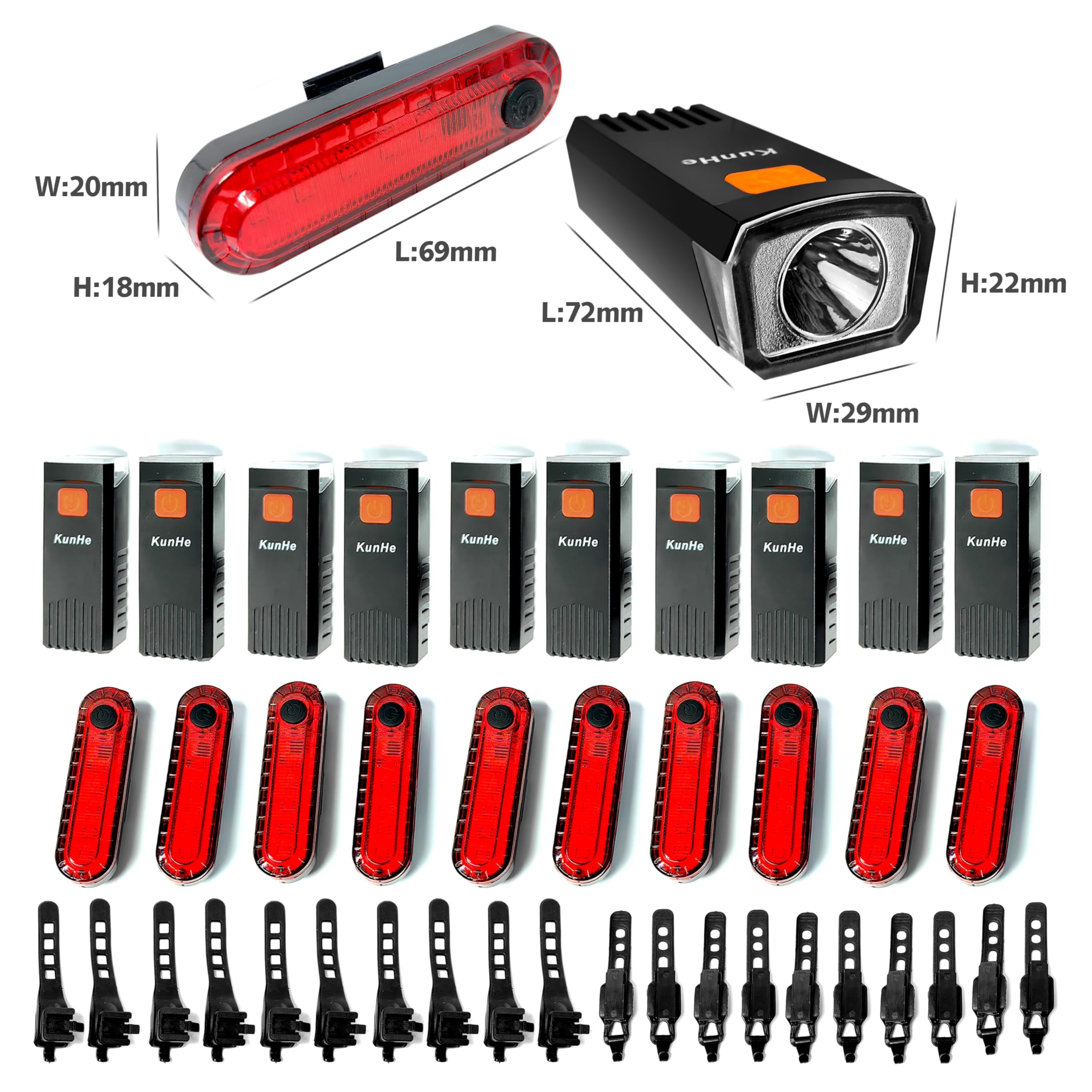 Kunhe Lumières de vélo rechargeables USB-C avant et arrière (lot de 2, 4, 10 ou 20) pour conduite de nuit pour enfants et adultes, 3 modes d'éclairage utilisés comme indicateur de sécurité pour
