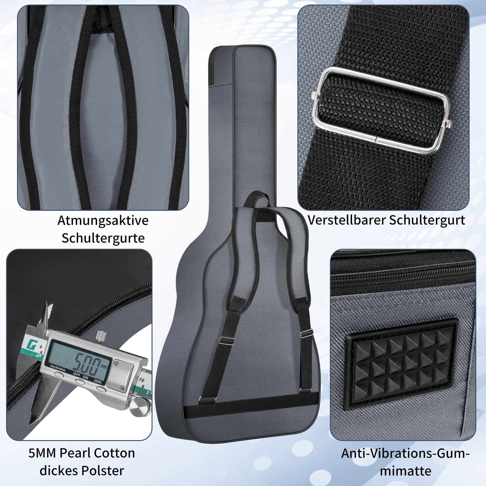 OUUTMEE 41 Zoll Tasche für E-Gitarre 104 x 40 x 7 cm Gitarrentasche Verstellbare Schultergu 5 mm Perlenwattepad 600D Oxford-Tuch，Grau