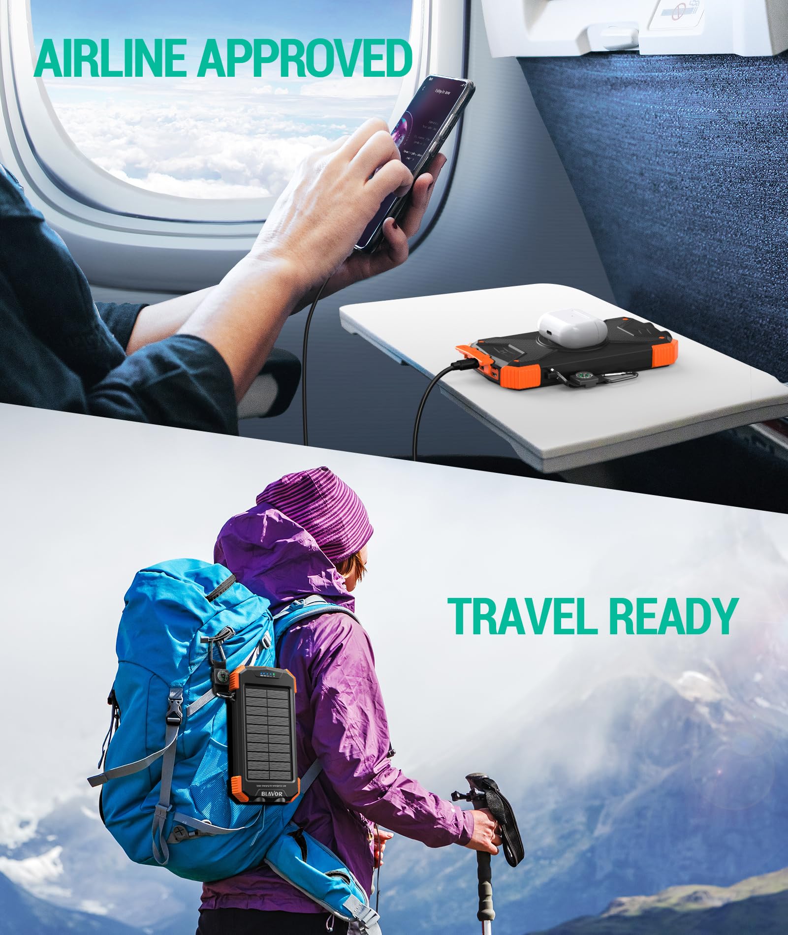 BLAVOR Power Bank Solar, Cargador Solar 10000mAh, Carga Rápida PD de 20W, Powerbank Portátil USB-C con Panel Solar, Carga Rápida Inalámbrica con Linterna, Batería para Acampada, Móvil, Negro