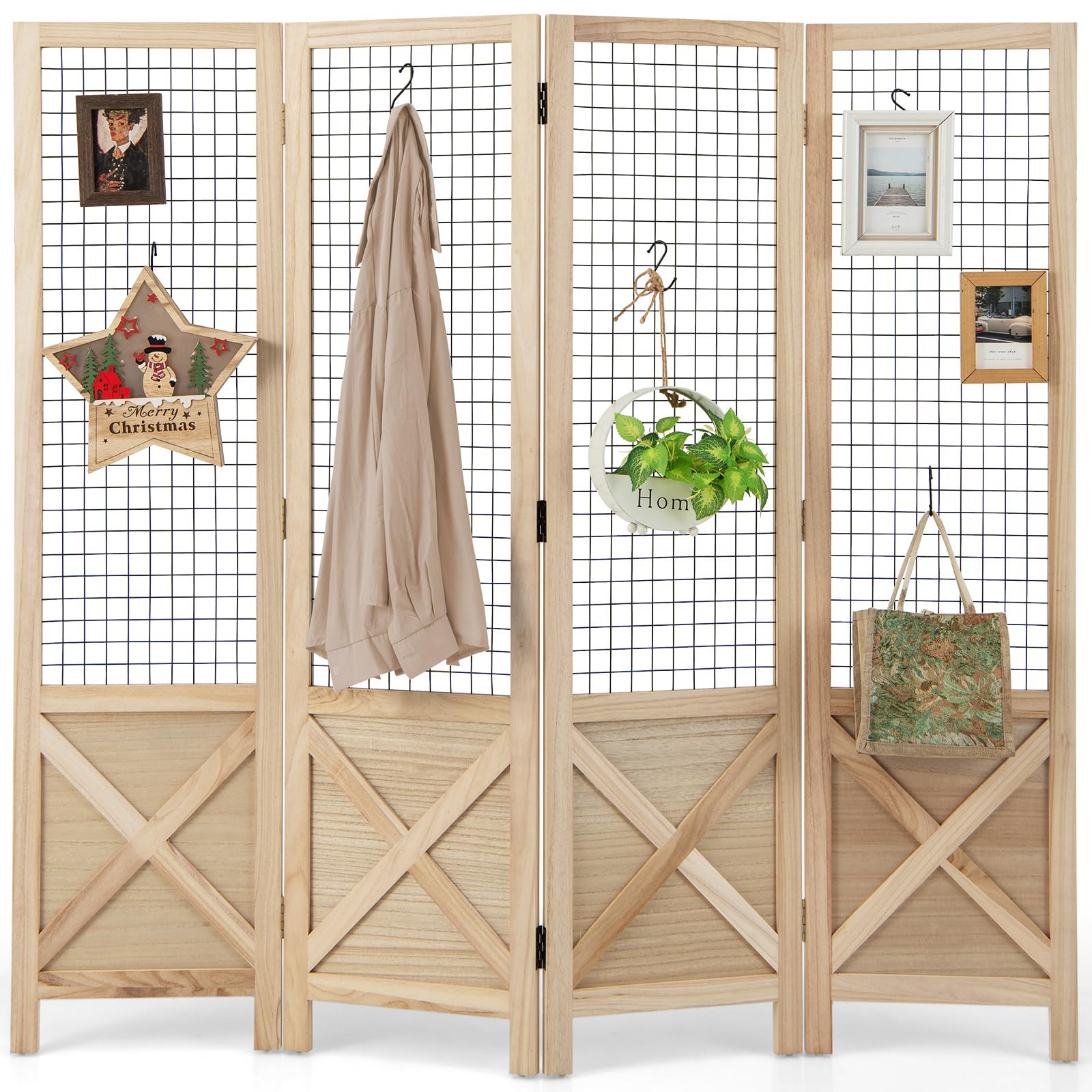 COSTWAY Paravent Interieur 4 Panneaux 151 x 144 cm, Separateur de Pieces Pliable, Bois en Paulownia, Grille, Closion de Separation Interieur, Pieds Antidérapants, pour Chambre Bureau Salon, Naturel