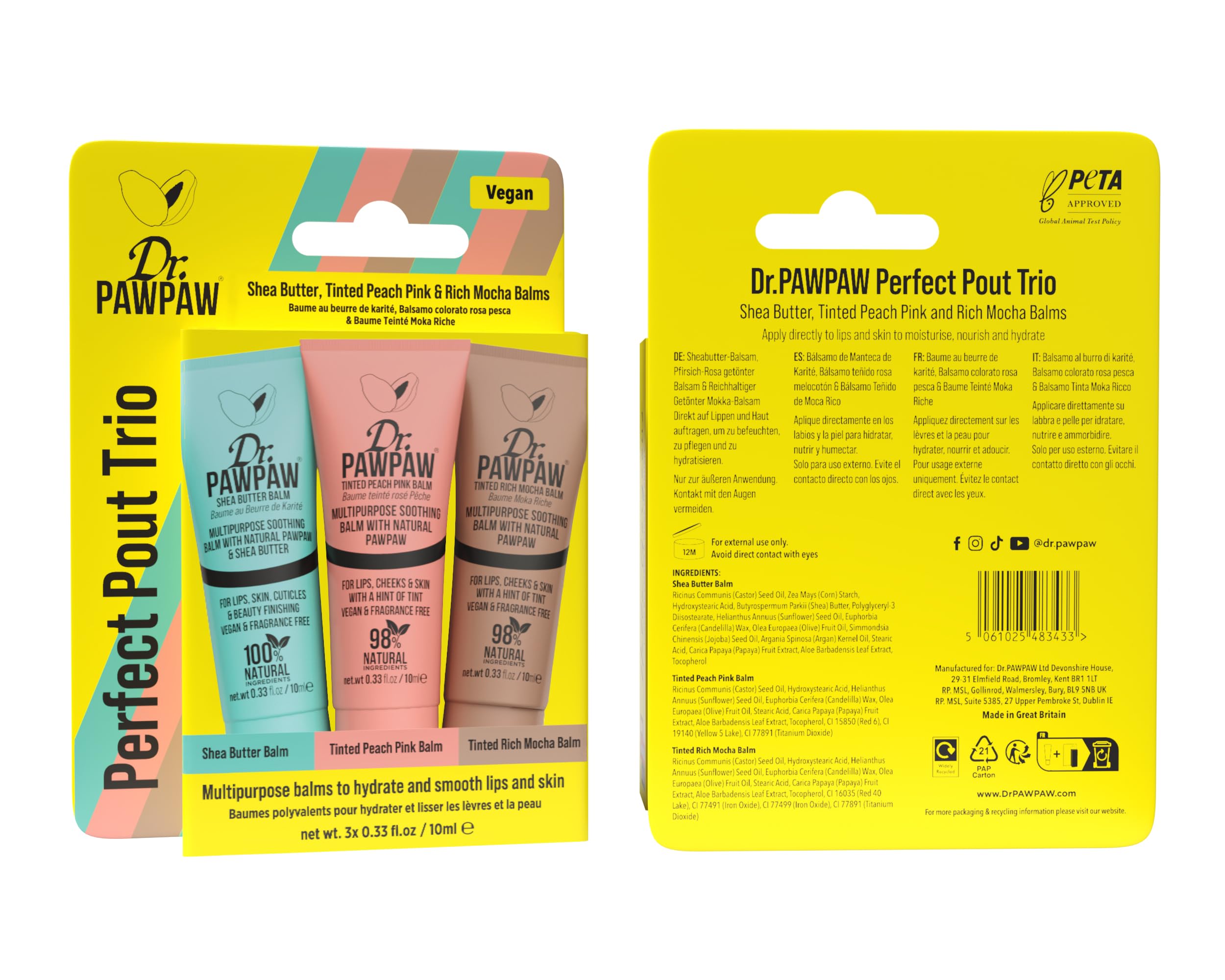 Dr.PAWPAW Perfect Pout Trio 3 x 10ml, Fragrance Free Multi Purpose Pawpaw Balms