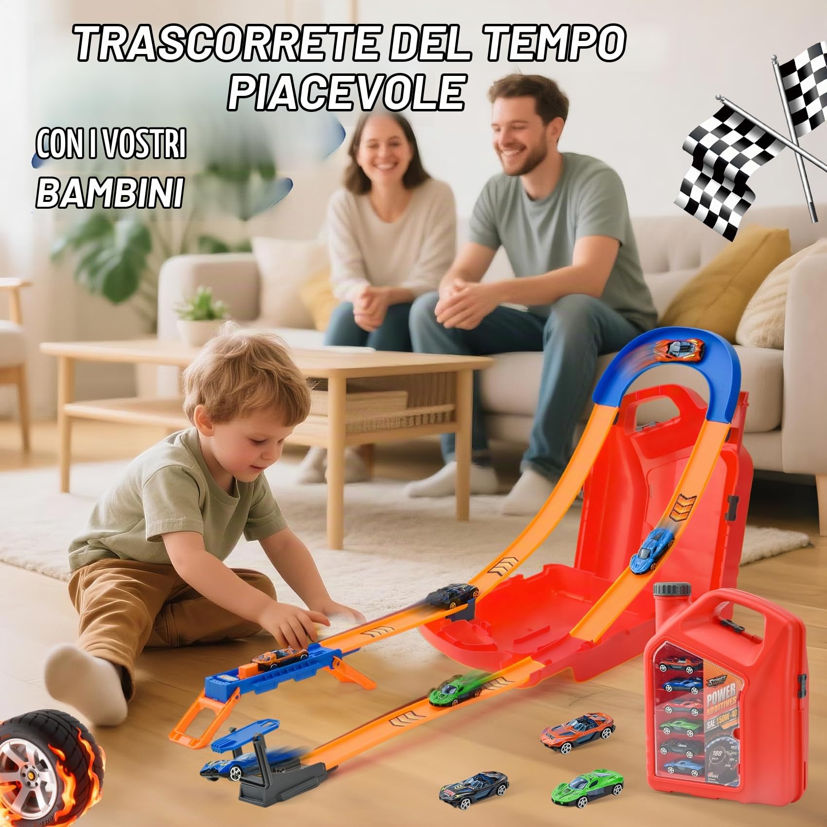 Pista Macchinine 2 in 1, Circuito per Bambini con 6 Auto, Piste Macchinine per Bambini, Anello e Binari a U, Set per Costruire Piste, Giocattolo Piste da Corsa per Ragazzi 3-8 Anni (Rosso)
