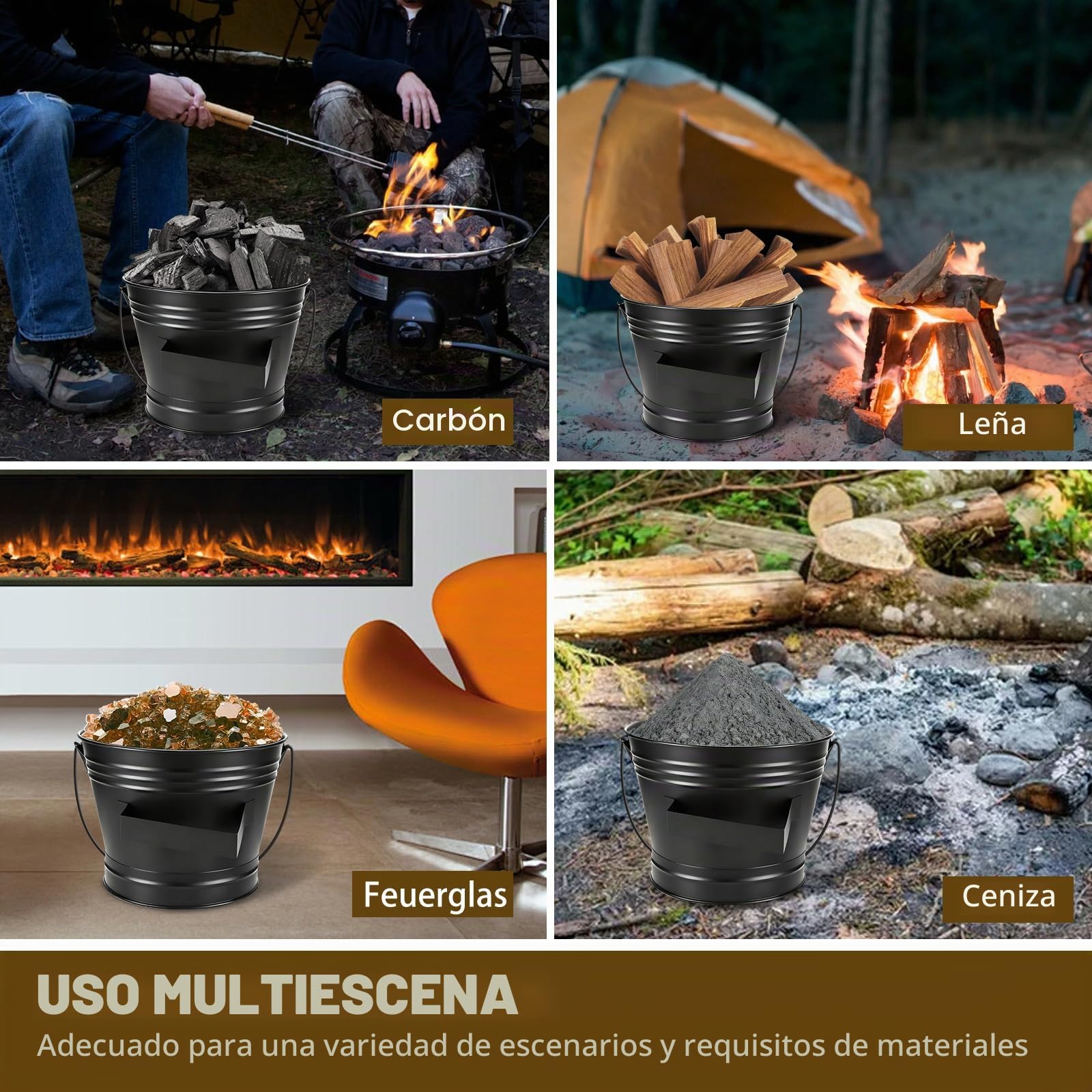 Cubo Tapa, 6L Cubo Cenizas con Tapa, Accesorio Chimenea con Pala, Escoba, Cubo de Cenizas de Metal para chimeneas, Estufas de leña, Carbón y Ceniza