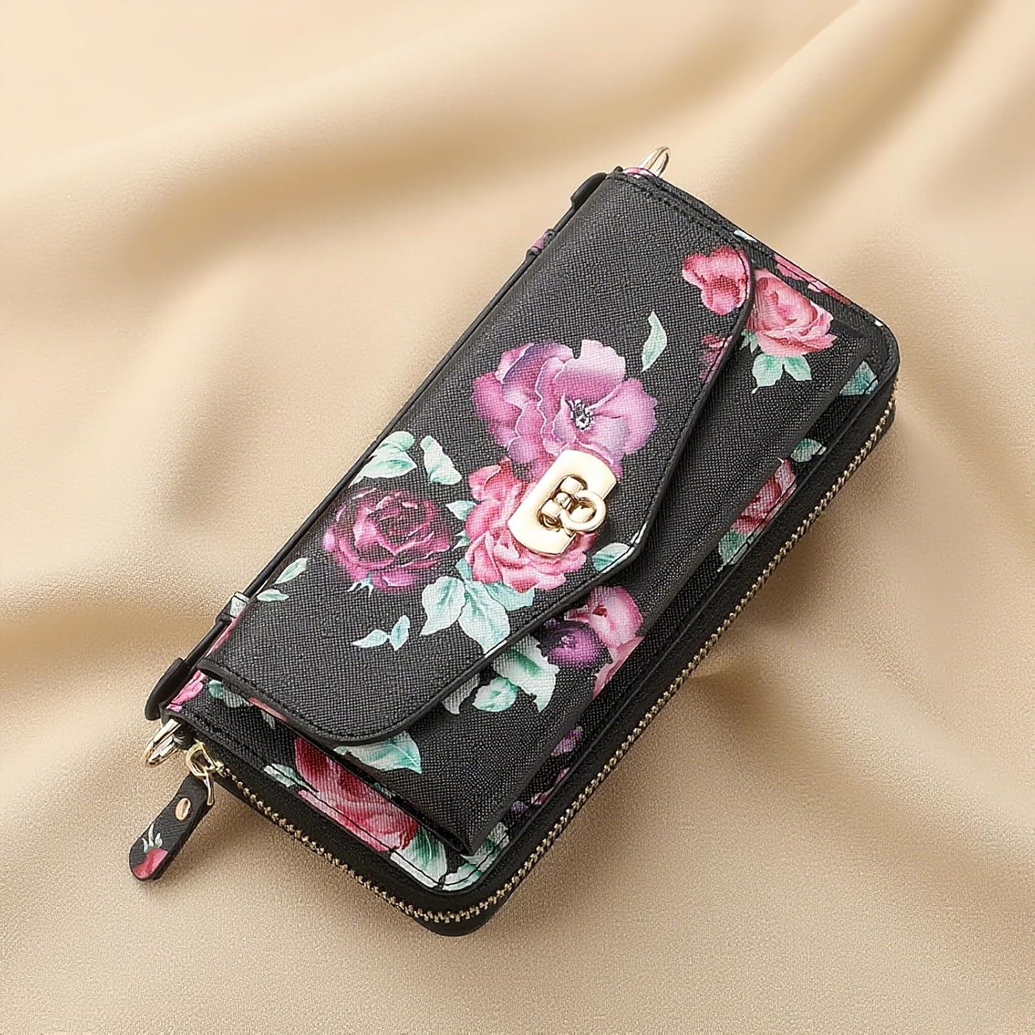 Crossbody Wallet Case for iPhone 17 6.3", Magnetic Detachable PU Leather Case with RFID Blocking Card Holder, Wristlet & Shoulder Strap, Flip Zipper Clutch Purse for Women - Black F