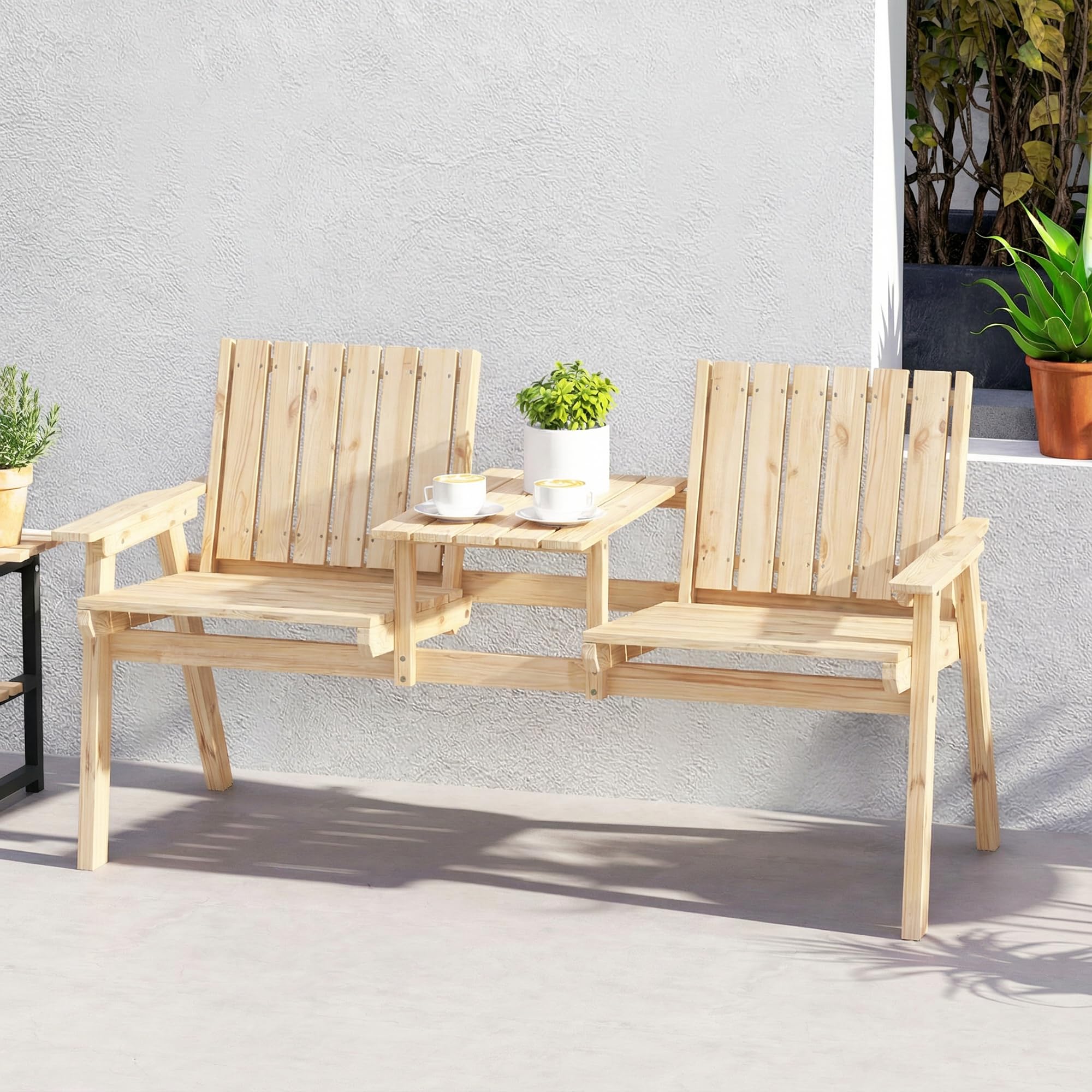 Outsunny Wooden Garden Loveseat, 2-Seater Garden Chair with Table & Parasol Hole, Outdoor Bench for Porch Patio, Natural Wood Finish - Image 8