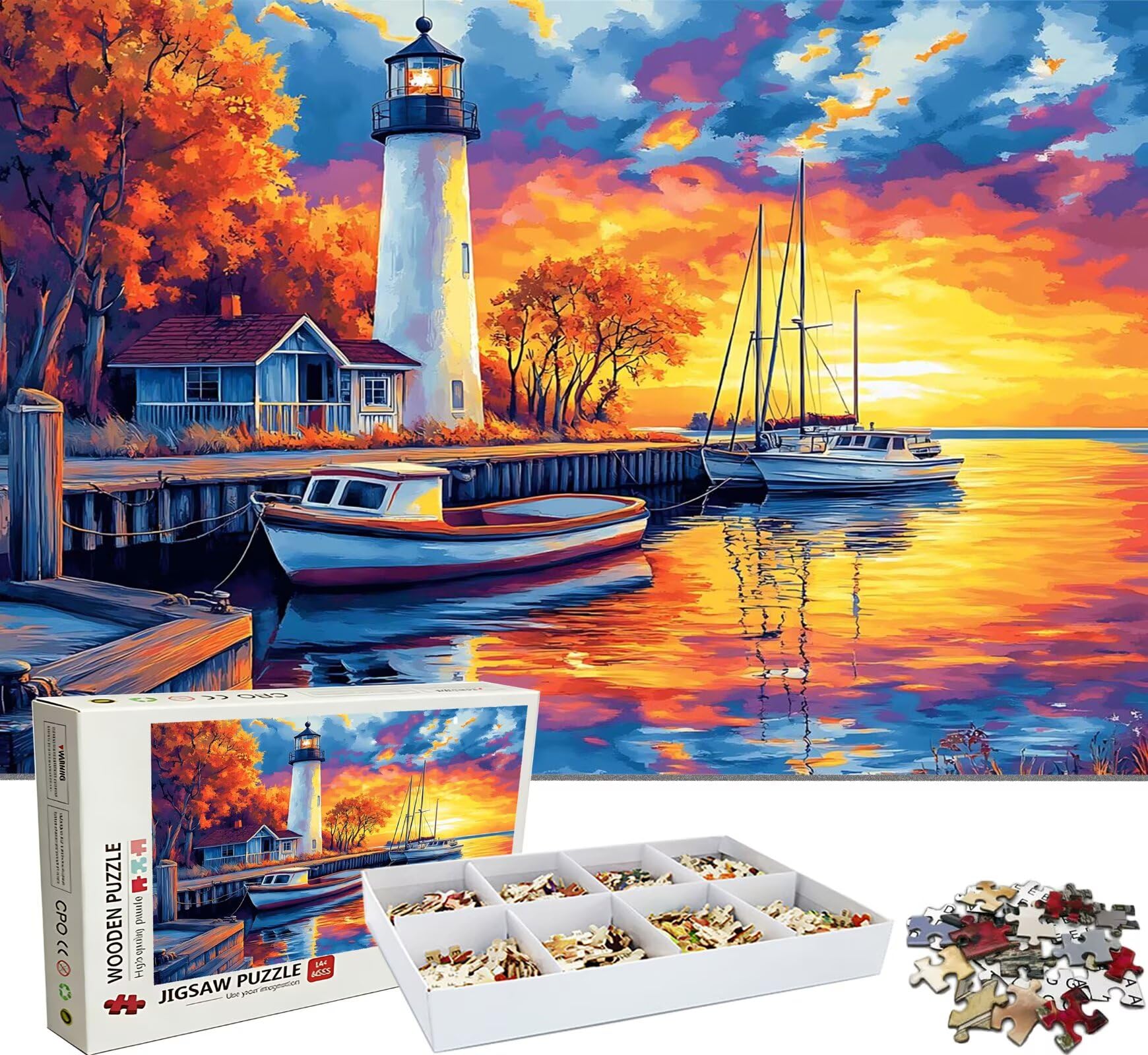 Puzzle 1500 Teile, Holzpuzzle Erwachsene - Impossible Puzzle 87 x 57 cm niffliges Denkspiel & Denksport für Frauen & Männer, Familienspiel, Geschenk für Frauen Sonnenuntergang Leuchtturm-2 w0-511