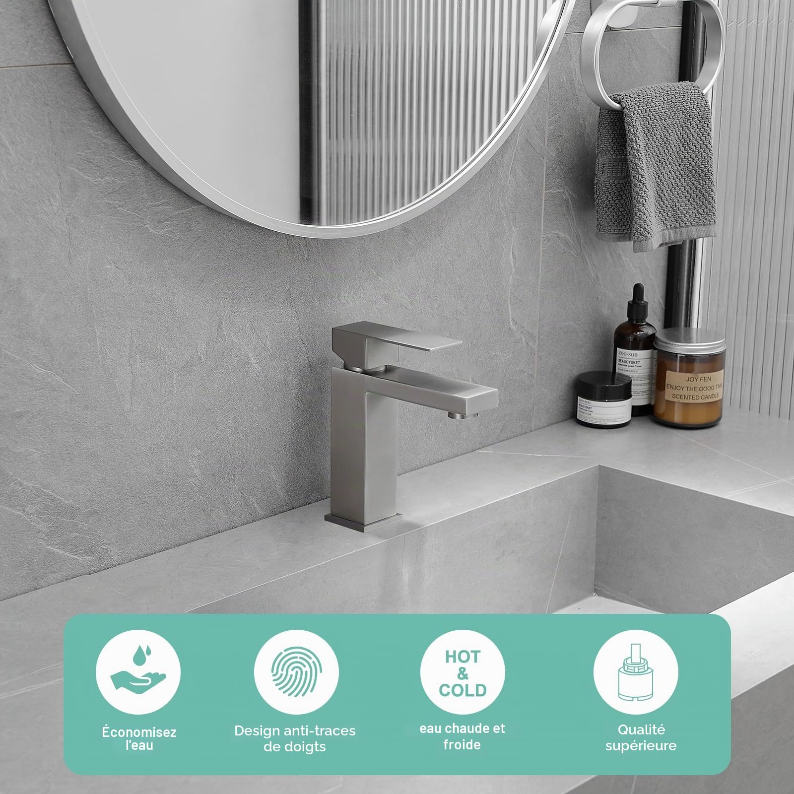 AIMADI Mitigeur Lavabo Robinet Salle de Bain Modern à 1 Levier Mono Commande pour Salle de Bain Évier Vasque Nickel Brossé
