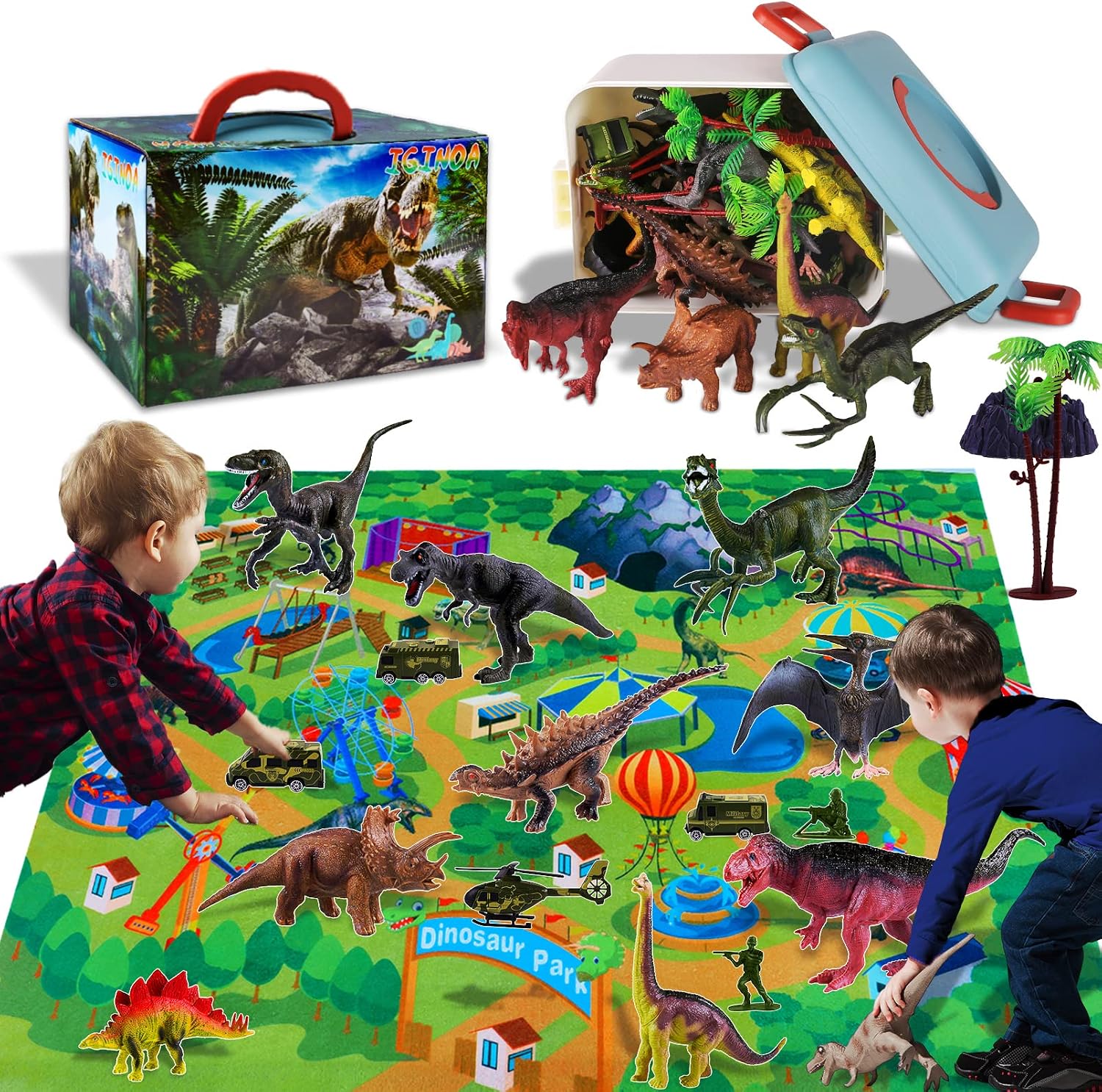 40 Pcs Dinosaur Dino Toy Game with Play Mat, Figure Playset with Tree Rockery Car T-Rex Triceratop etc, Perfect Educational Realistic Birthday for Kids 3 4 5 6+ Boys Girls