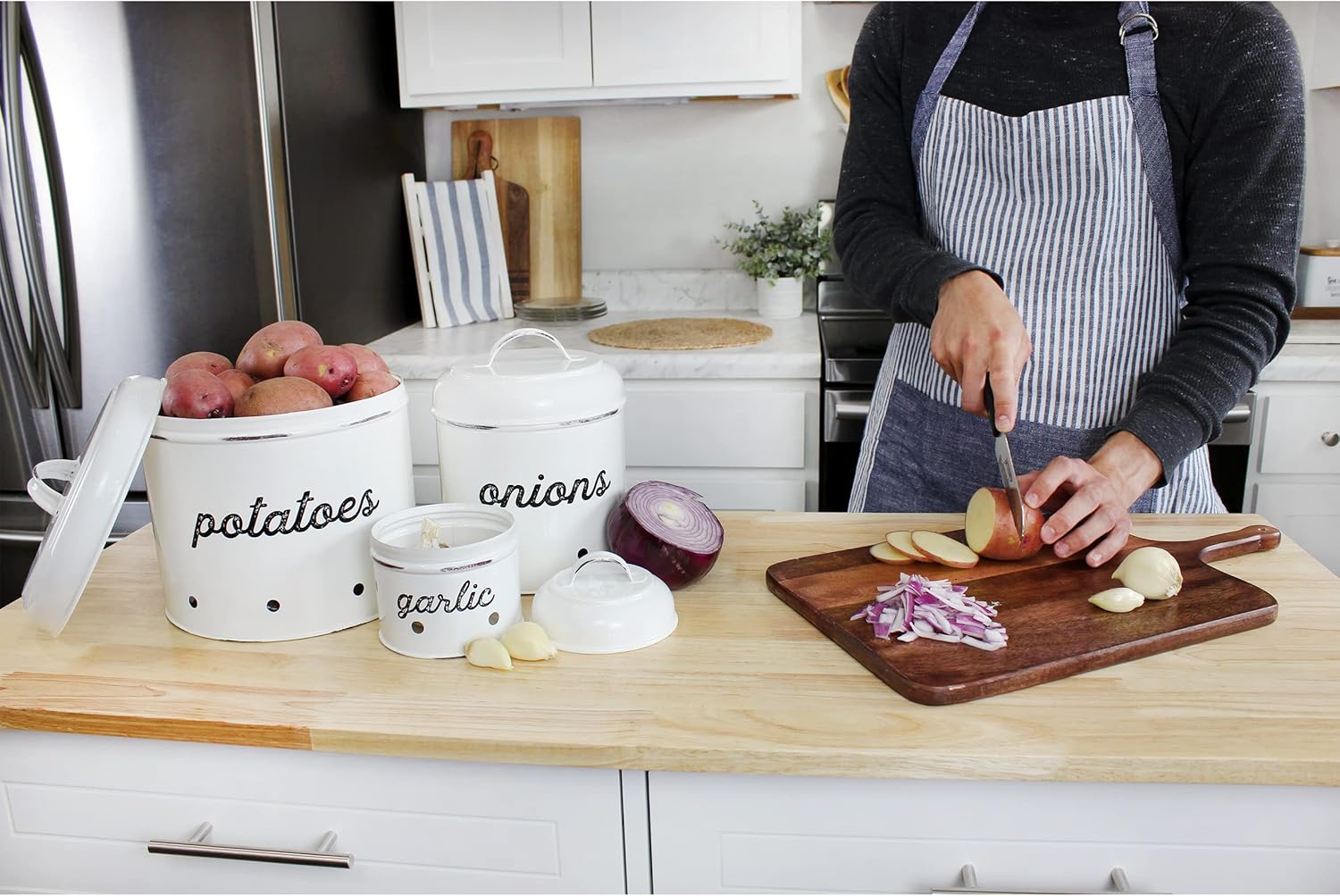 Buy AuldHome Potatoes, Onions and Garlic Canister Set; Rustic White