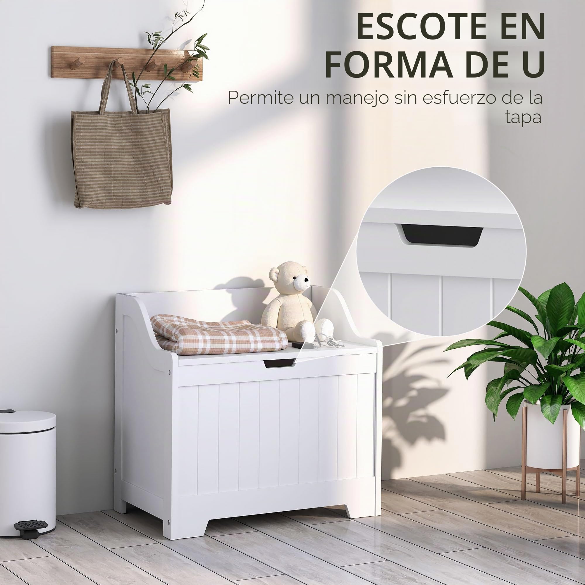 HOMCOM Arcón, Caja de almacenaje, Caja de almacenaje con bisagra de Seguridad, Recorte en Forma de U, Caja de Herramientas con Tapa, para salón, Dormitorio, Blanco, 60 x 38 x 56 cm