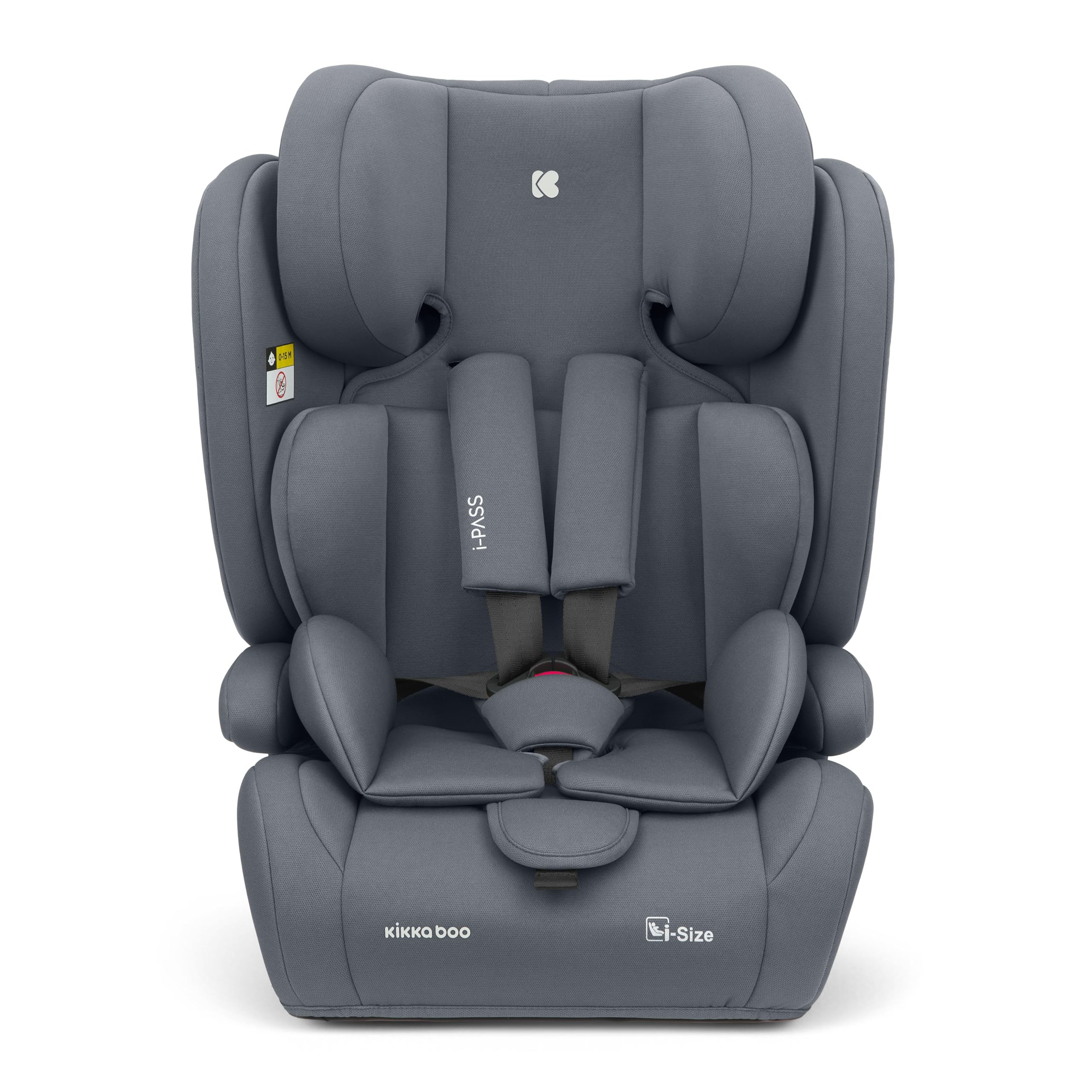 KikkaBoo i-PASS Seggiolino auto 9-36 kg senza ISOFIX, Gruppo 1 2 3 per bambini da 15 mesi a 12 anni, i-Size, altezza 76-150 cm, poggiatesta regolabile a 13 posizioni, Grigio