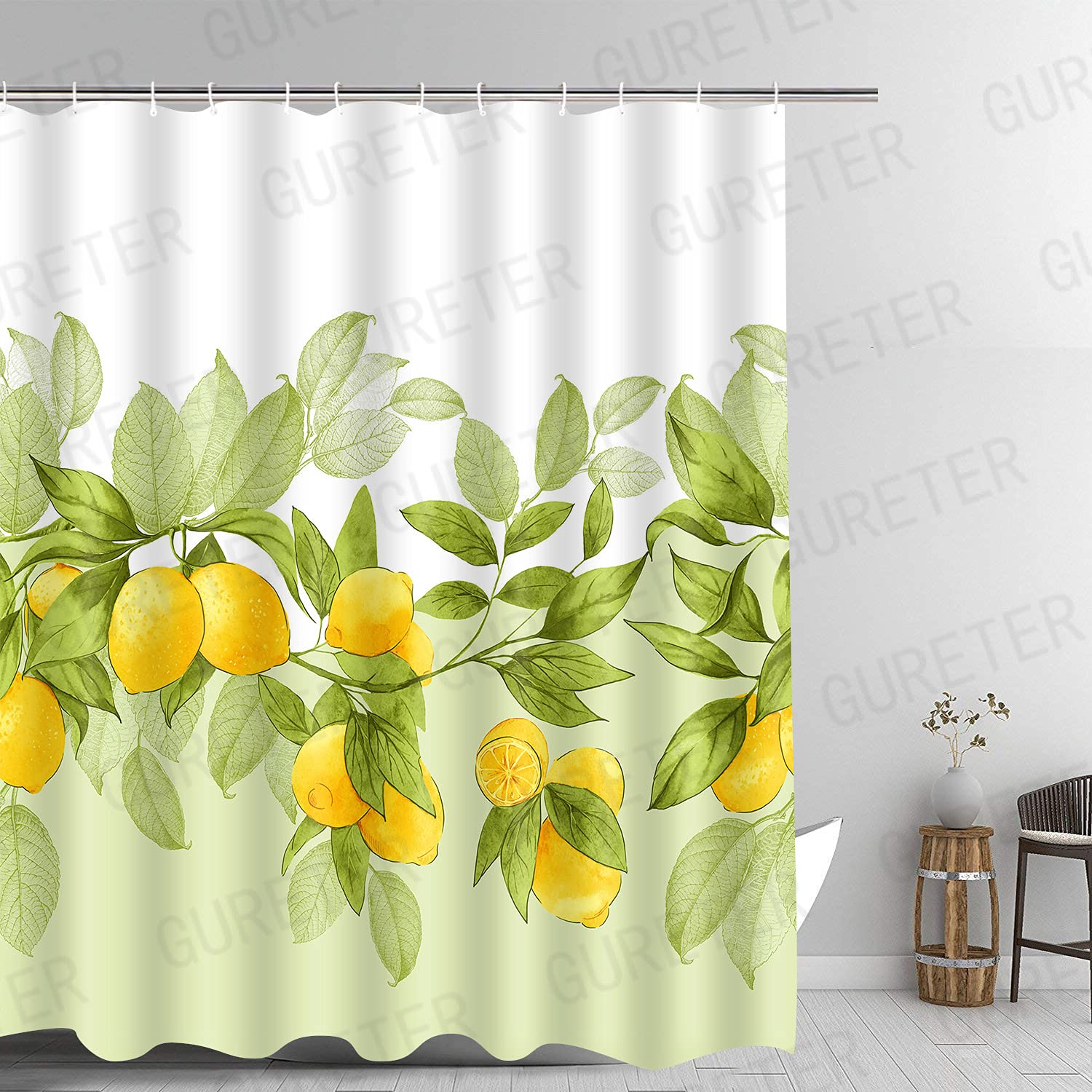 GURETER Lemon Tree Shower Curtain, Fruit and Flower Diagram, Green Plants, Small Fresh Bathroom Decoration, 71x72 Inch Water-Proof Polyester Bath
