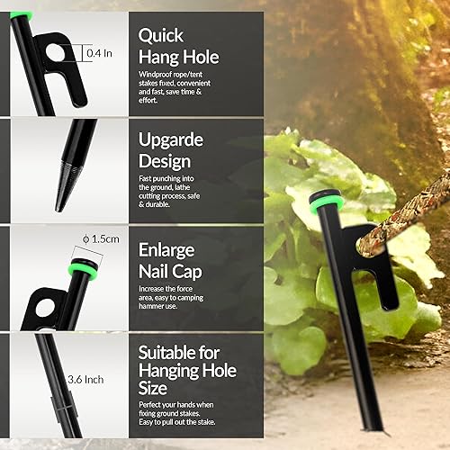 Miniatura 3 de Paquete de 10 estacas de metal resistente para tienda de campaña de 12 pulgadas, estacas irrompibles para tienda de campaña con tapas de plástico