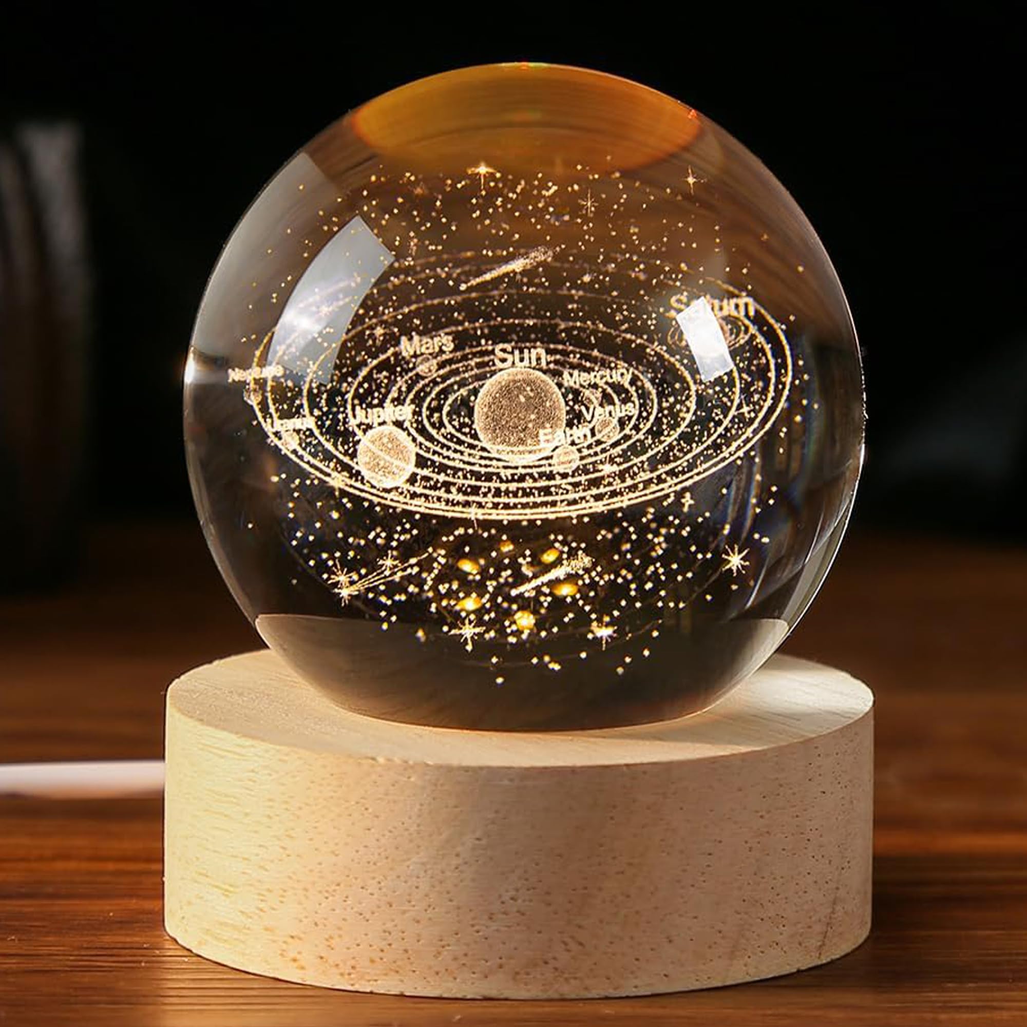 Tabletop Night Light Crystal Ball 8mm with Wood Base LED Night Lamp 3D Creative Saturn Astronomy Glaxy Night Lamp Fantasy Decoration Light for kid friend Birthday Gifts Room Decor Solar System